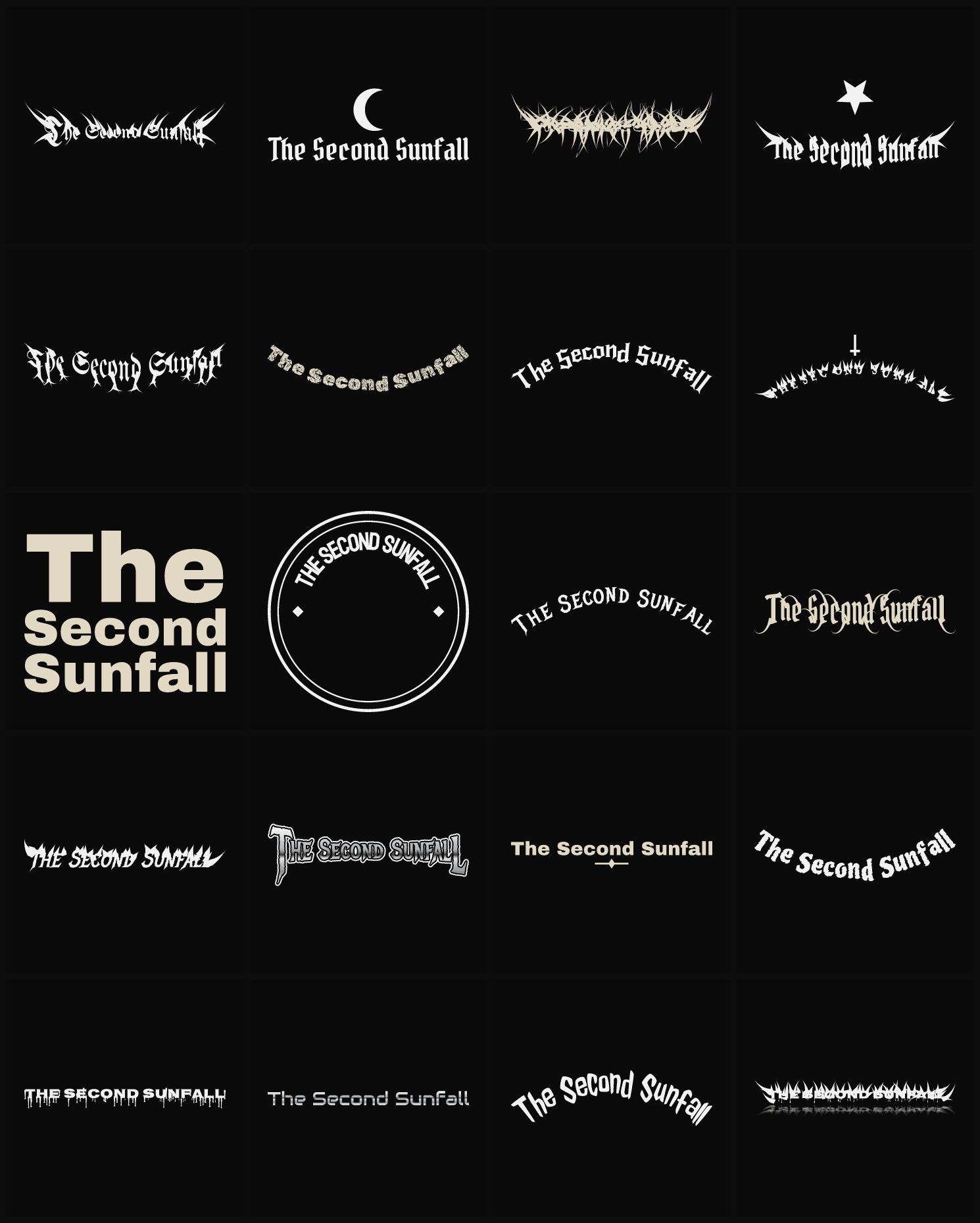 Twenty The Second Sunfall band logo ideas — different faces, treatments and spike settings