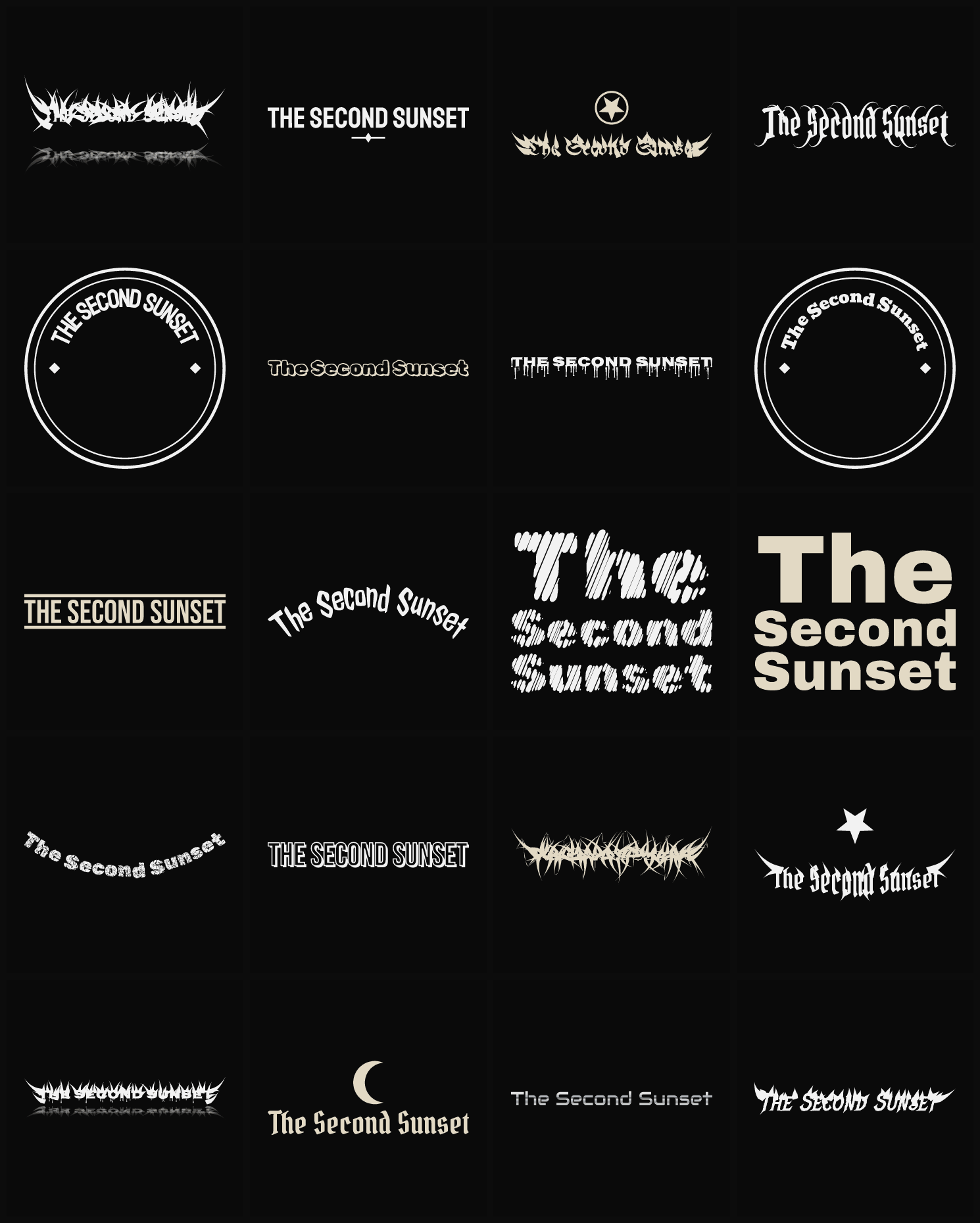 Twenty The Second Sunset band logo ideas — different faces, treatments and spike settings