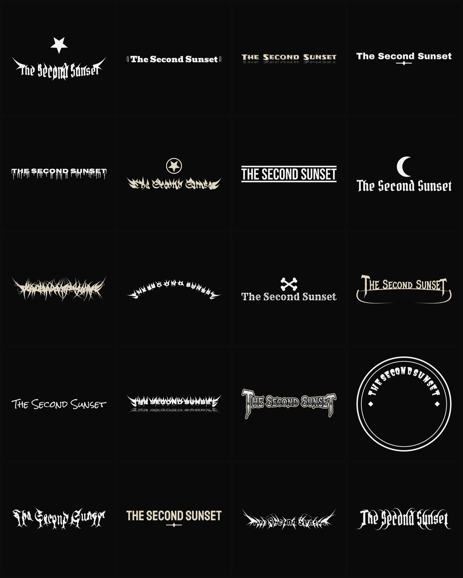 Twenty The Second Sunset band logo ideas — different faces, treatments and spike settings