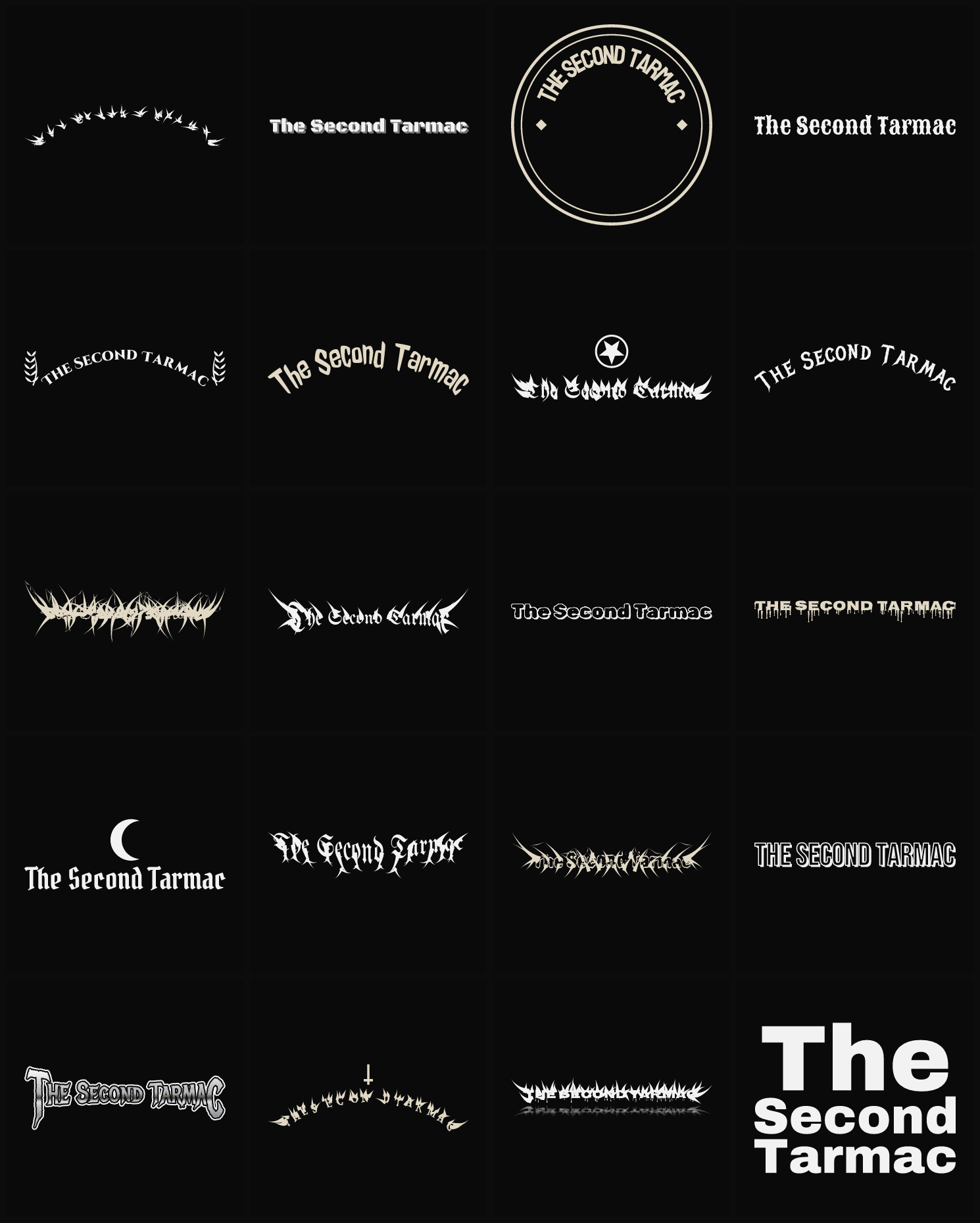 Twenty The Second Tarmac band logo ideas — different faces, treatments and spike settings