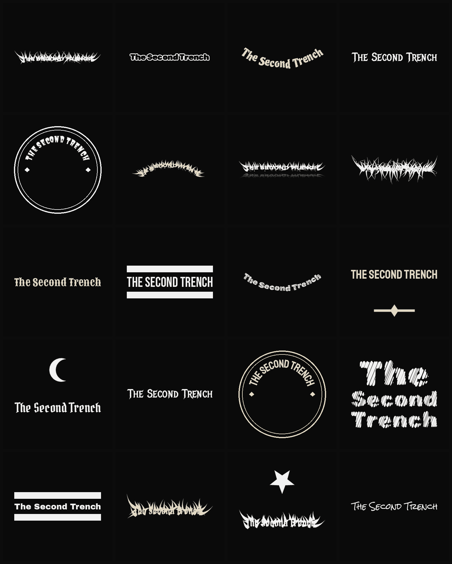 Twenty The Second Trench band logo ideas — different faces, treatments and spike settings