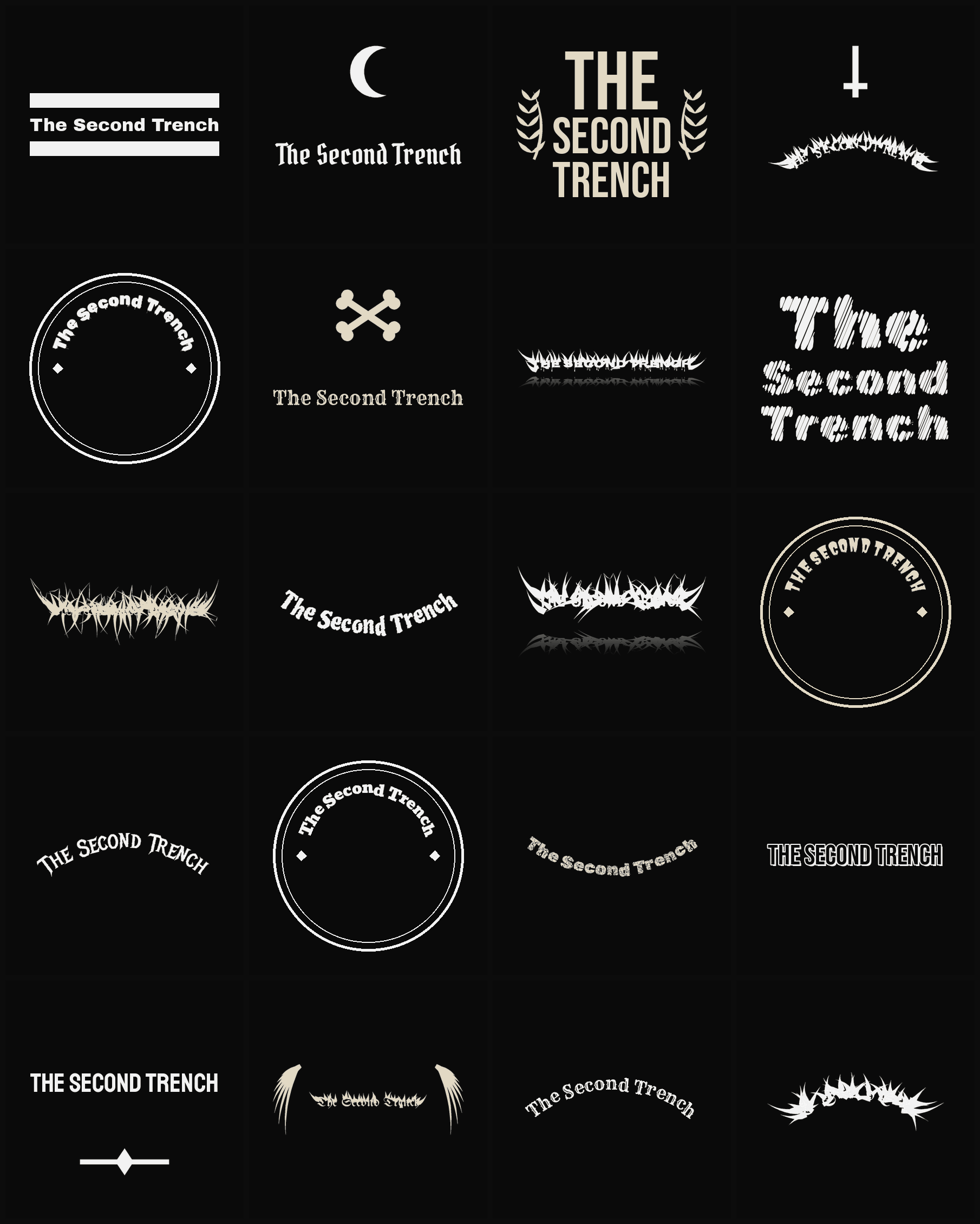Twenty The Second Trench band logo ideas — different faces, treatments and spike settings