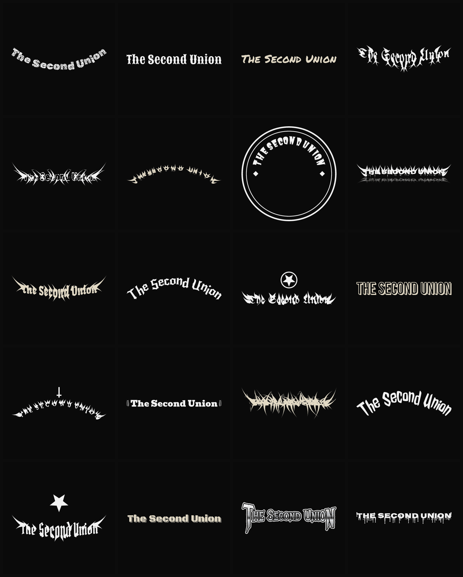Twenty The Second Union band logo ideas — different faces, treatments and spike settings