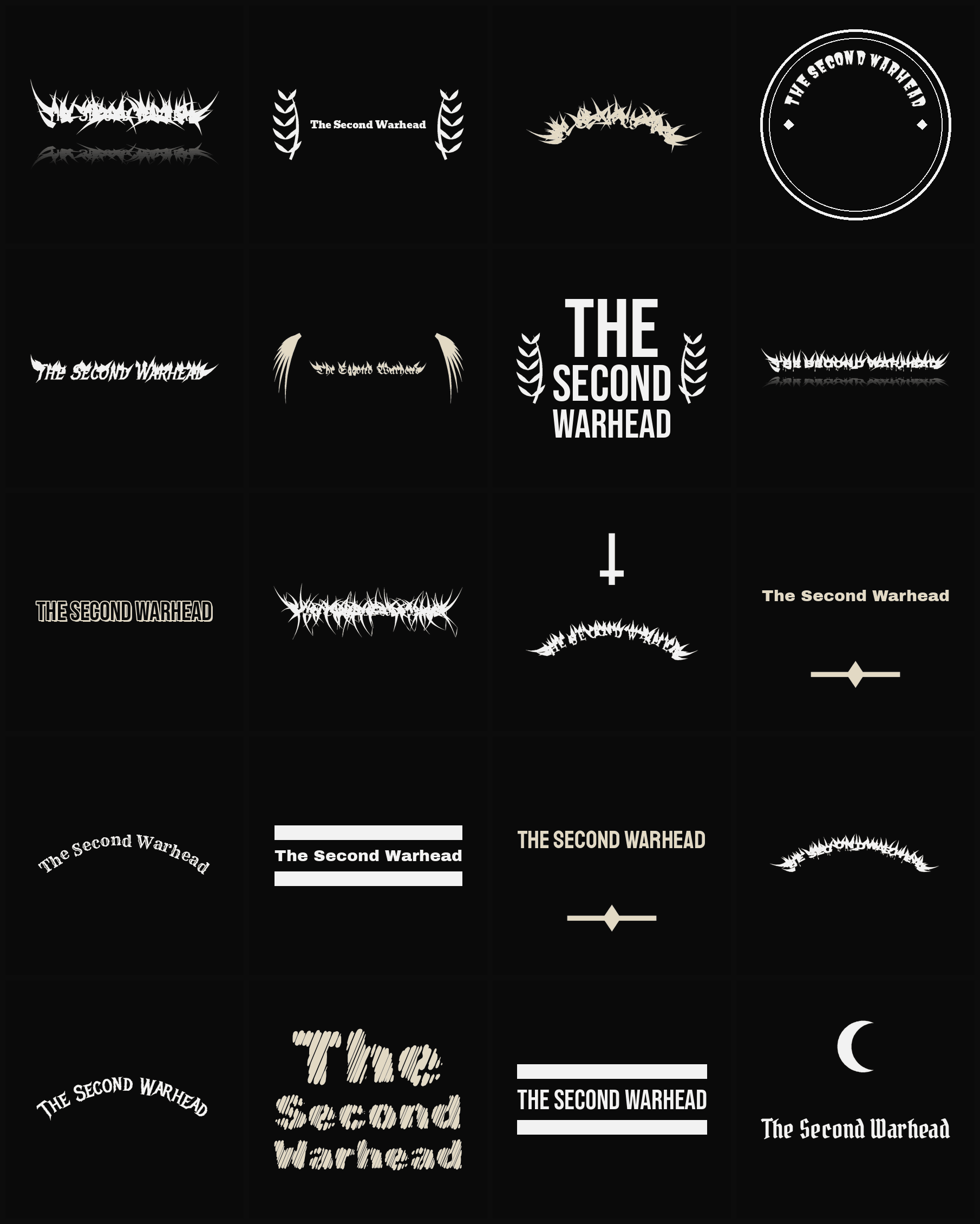 Twenty The Second Warhead band logo ideas — different faces, treatments and spike settings