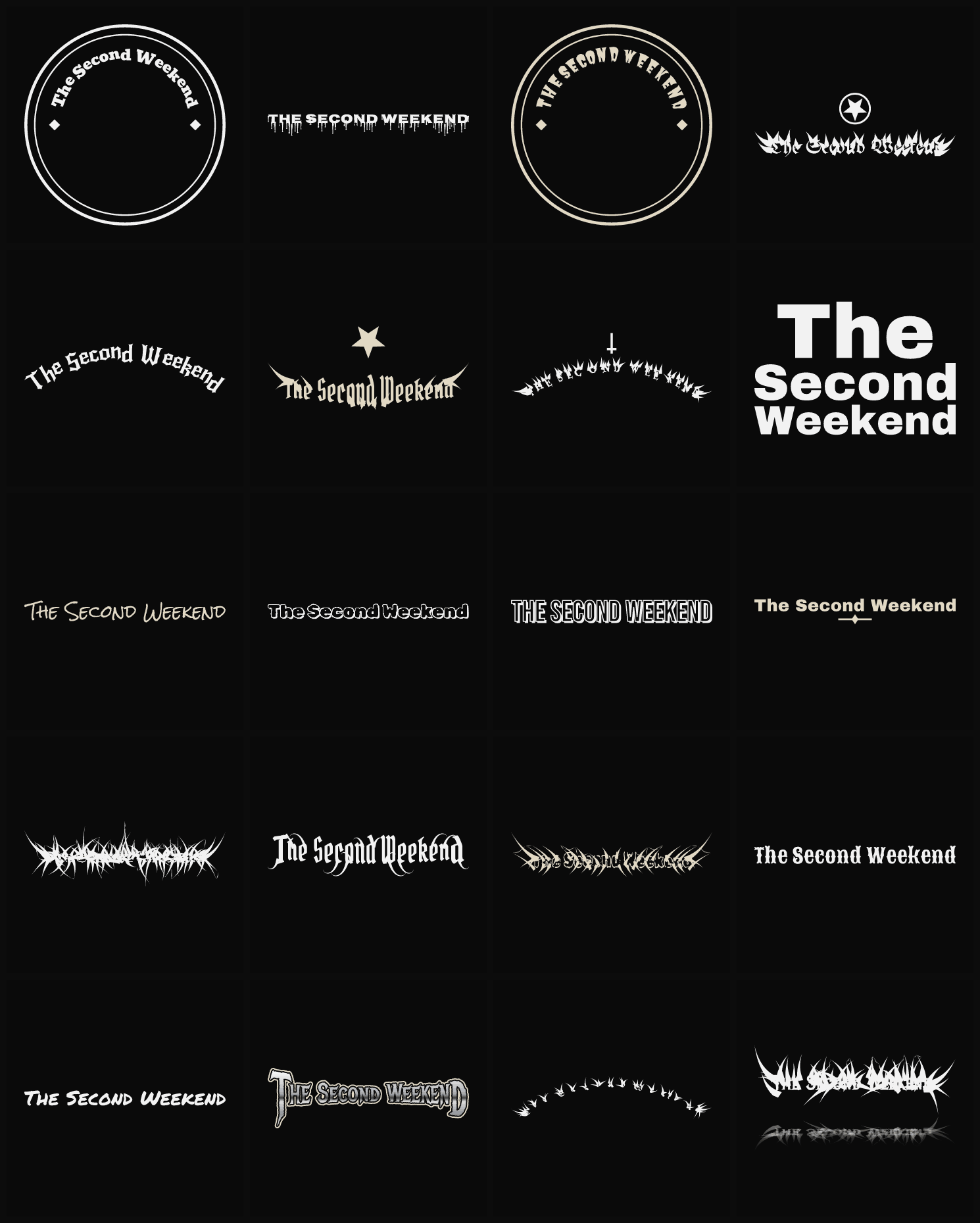 Twenty The Second Weekend band logo ideas — different faces, treatments and spike settings