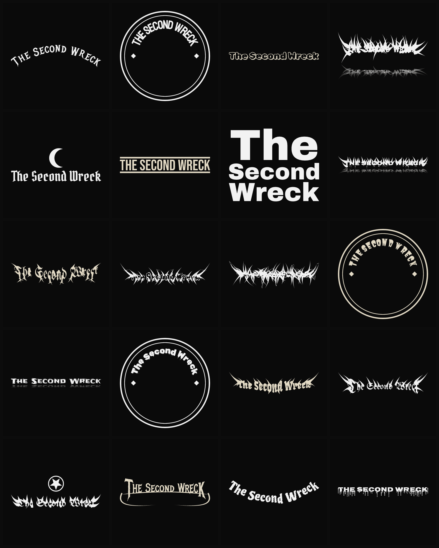 Twenty The Second Wreck band logo ideas — different faces, treatments and spike settings