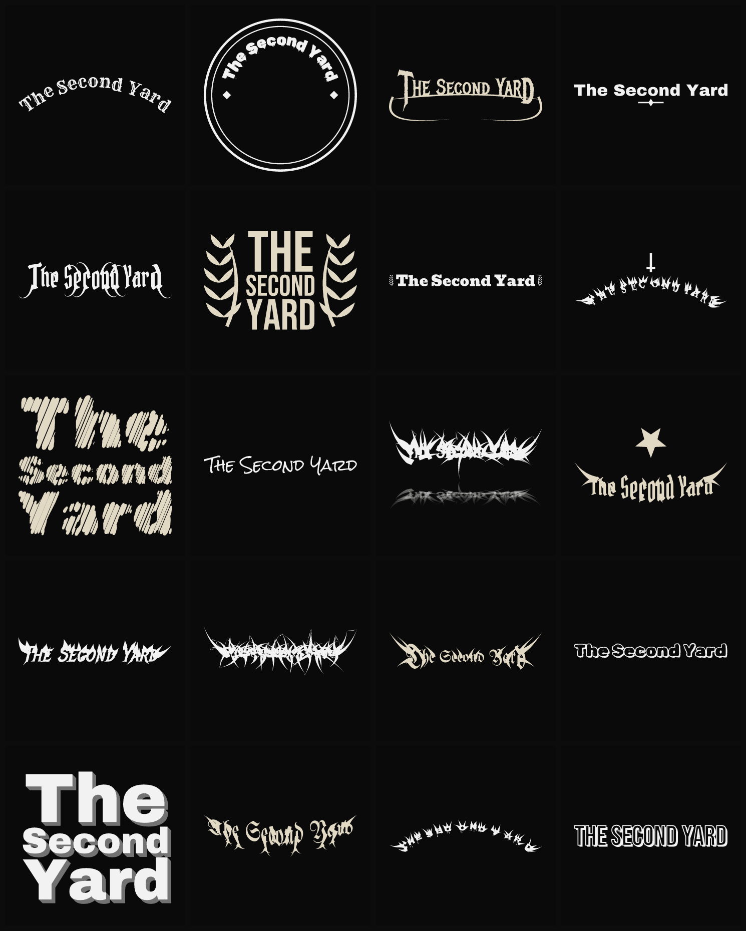 Twenty The Second Yard band logo ideas — different faces, treatments and spike settings