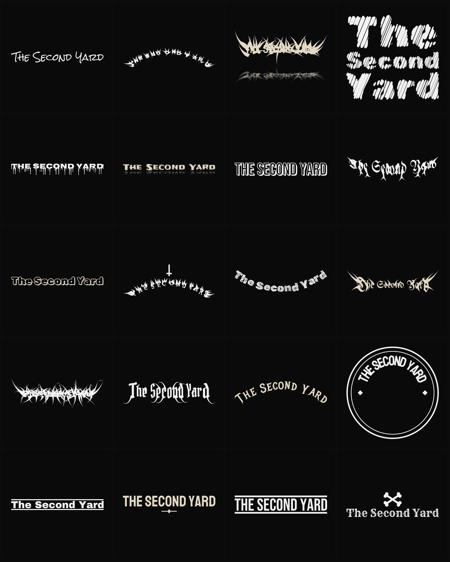 Twenty The Second Yard band logo ideas — different faces, treatments and spike settings