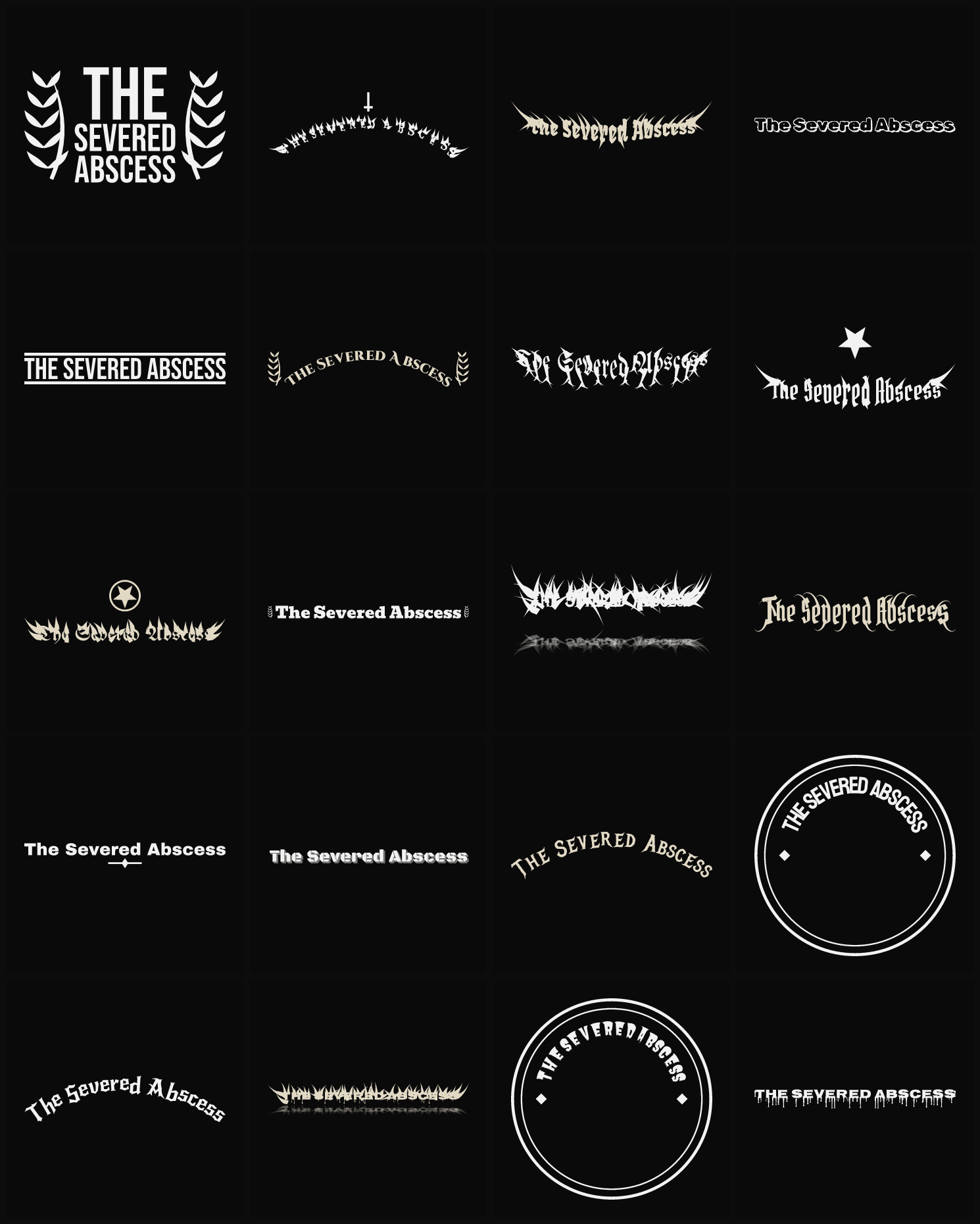Twenty The Severed Abscess band logo ideas — different faces, treatments and spike settings