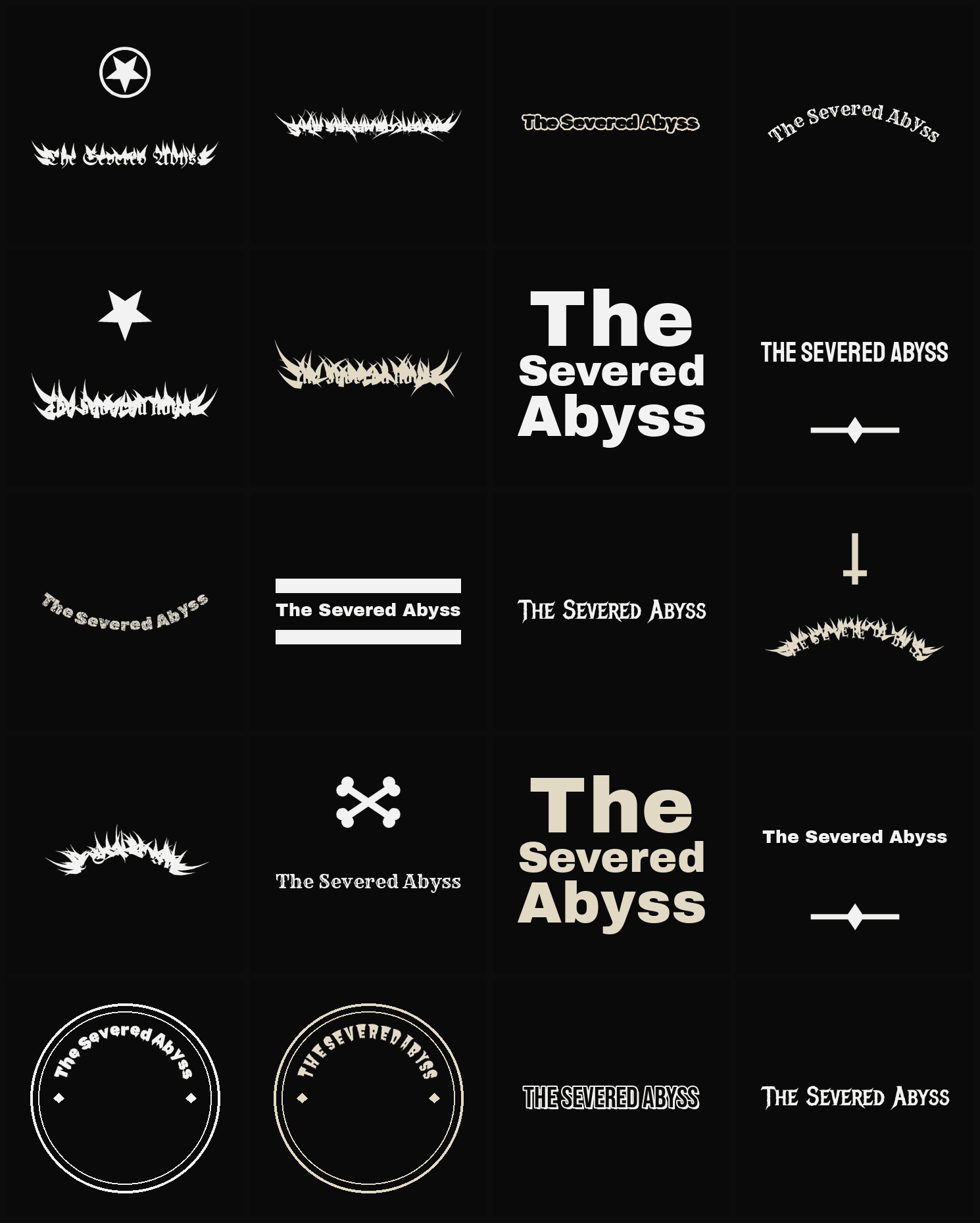 Twenty The Severed Abyss band logo ideas — different faces, treatments and spike settings