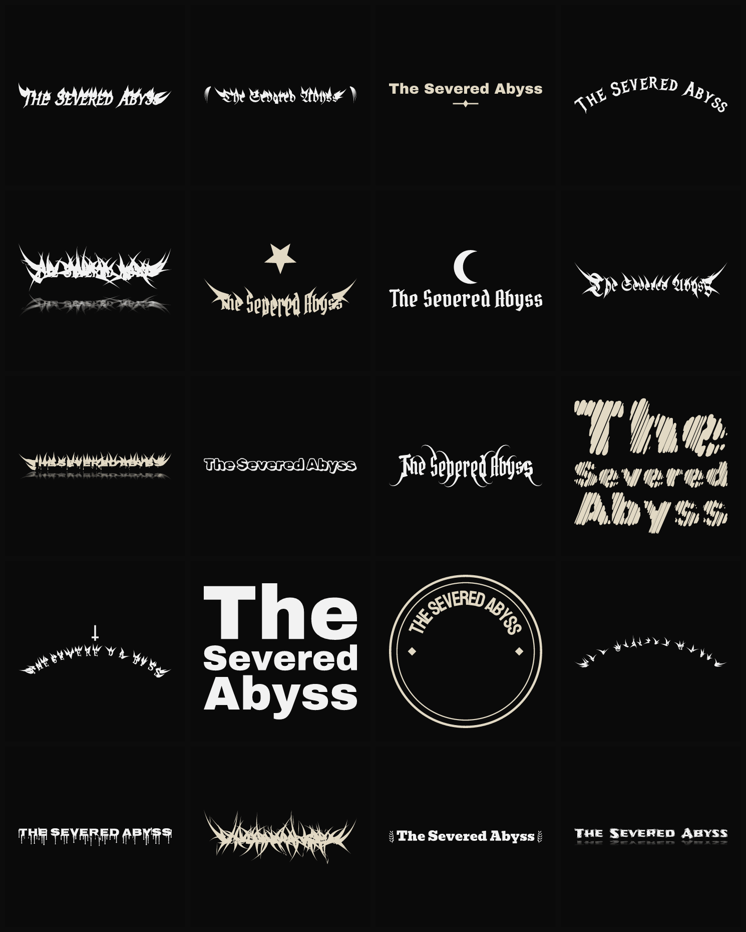 Twenty The Severed Abyss band logo ideas — different faces, treatments and spike settings
