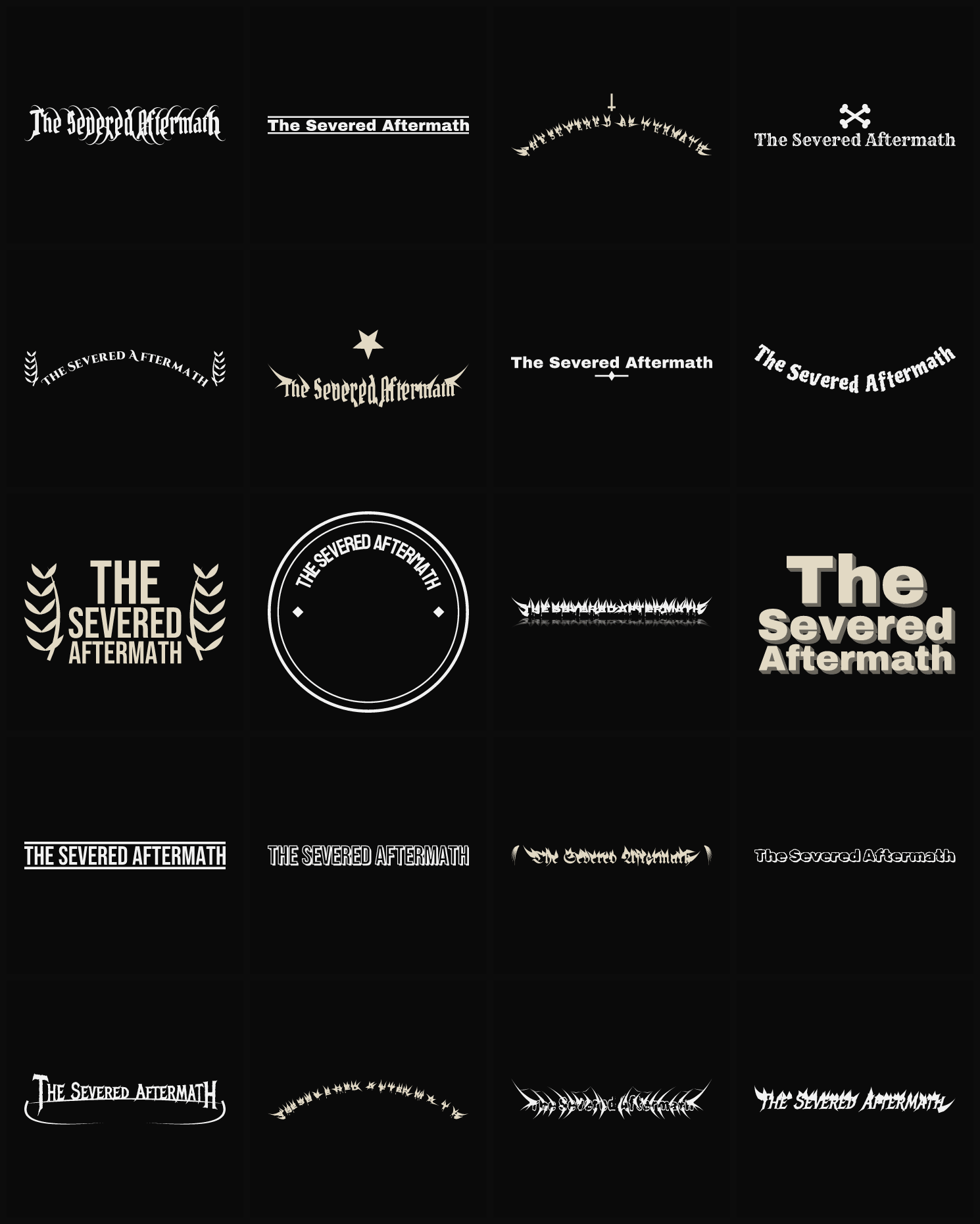 Twenty The Severed Aftermath band logo ideas — different faces, treatments and spike settings