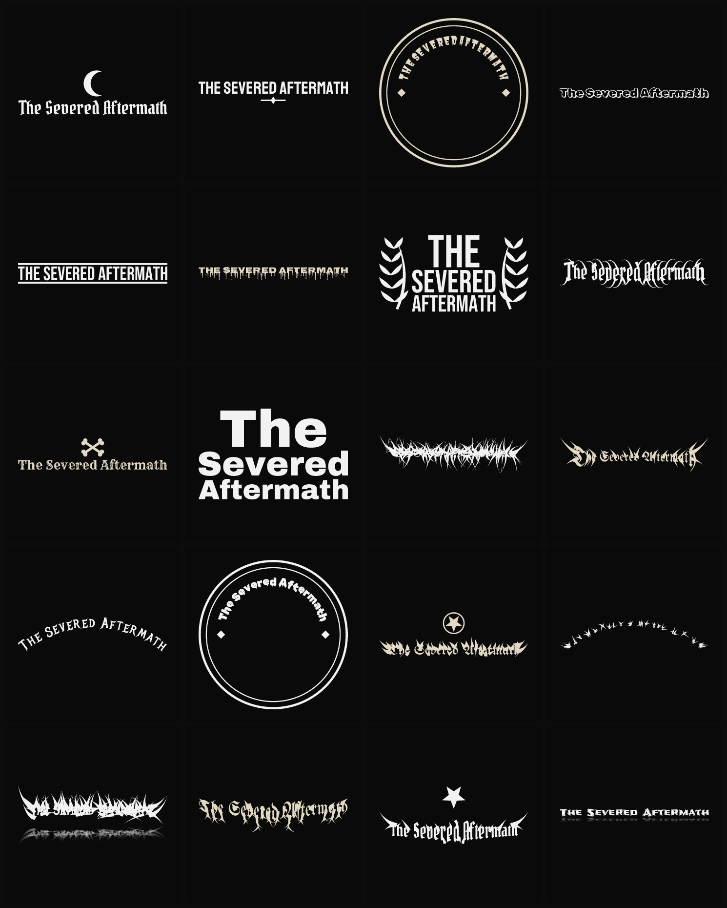 Twenty The Severed Aftermath band logo ideas — different faces, treatments and spike settings