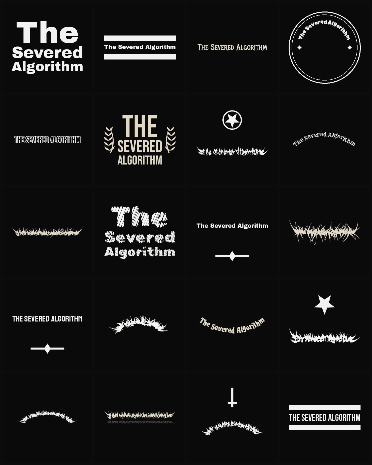 Twenty The Severed Algorithm band logo ideas — different faces, treatments and spike settings