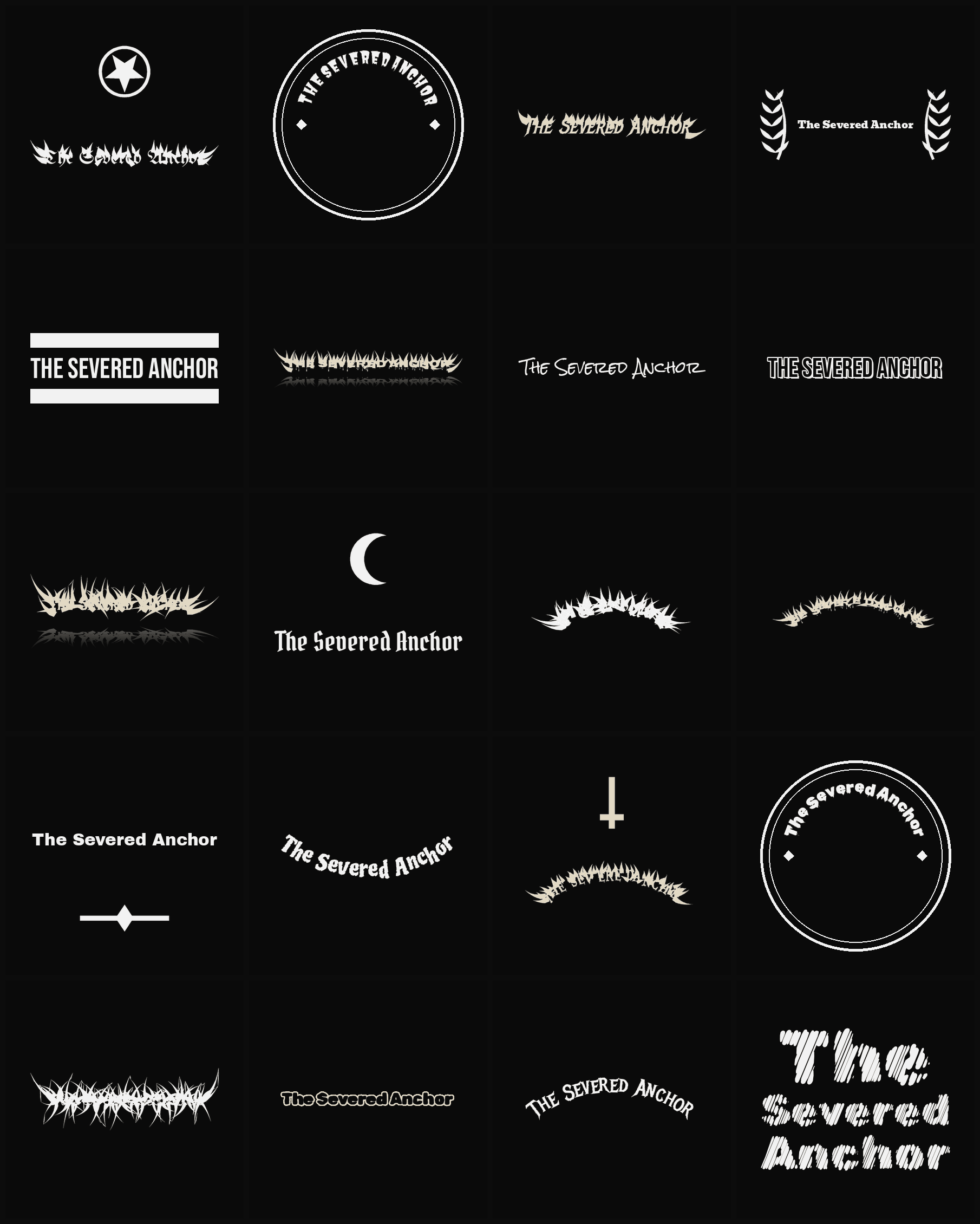 Twenty The Severed Anchor band logo ideas — different faces, treatments and spike settings