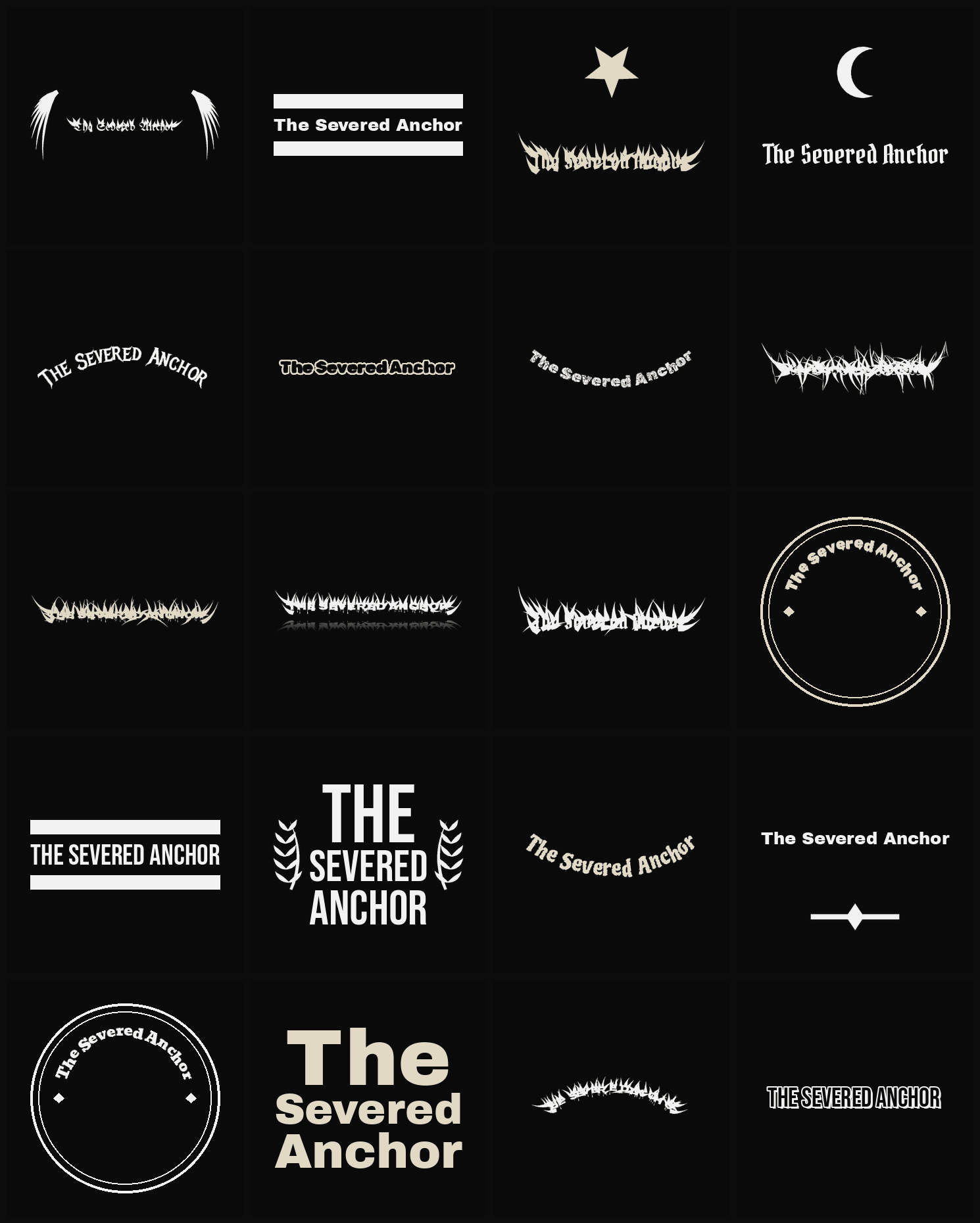 Twenty The Severed Anchor band logo ideas — different faces, treatments and spike settings
