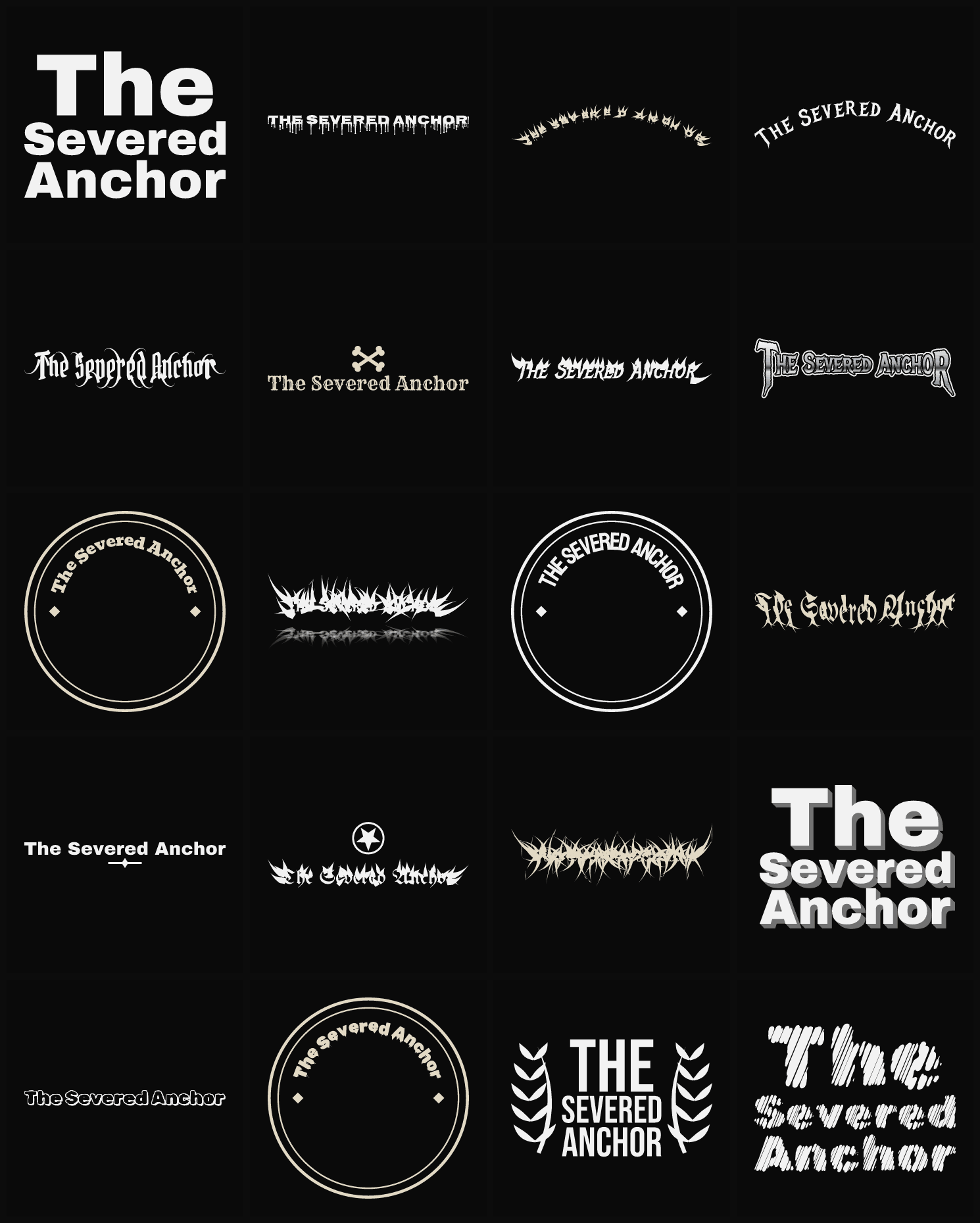 Twenty The Severed Anchor band logo ideas — different faces, treatments and spike settings