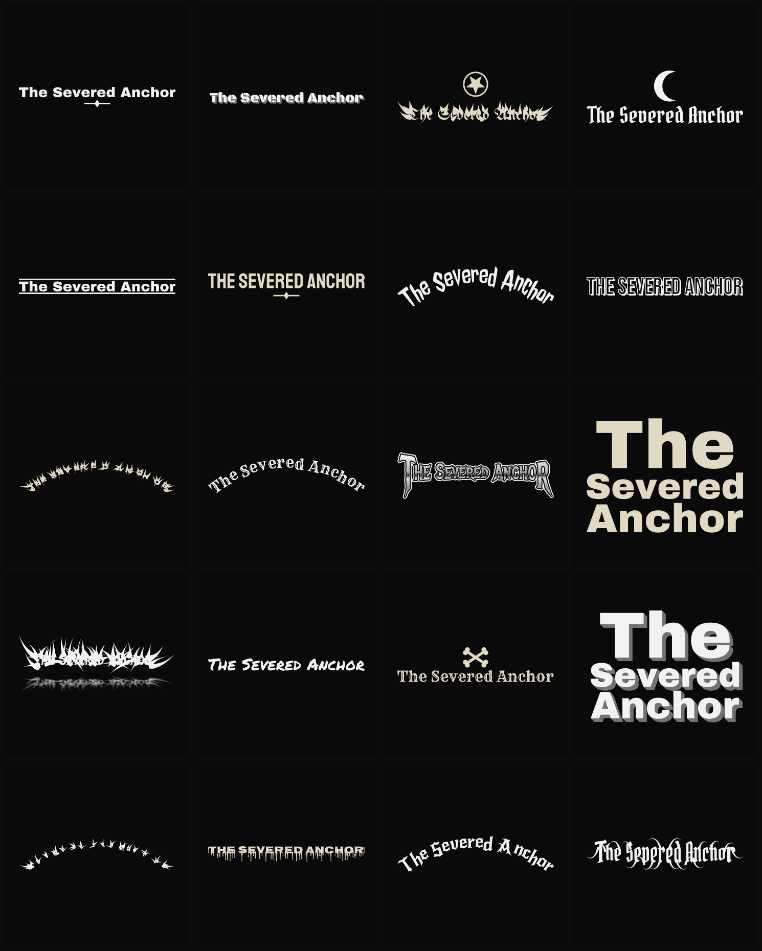 Twenty The Severed Anchor band logo ideas — different faces, treatments and spike settings