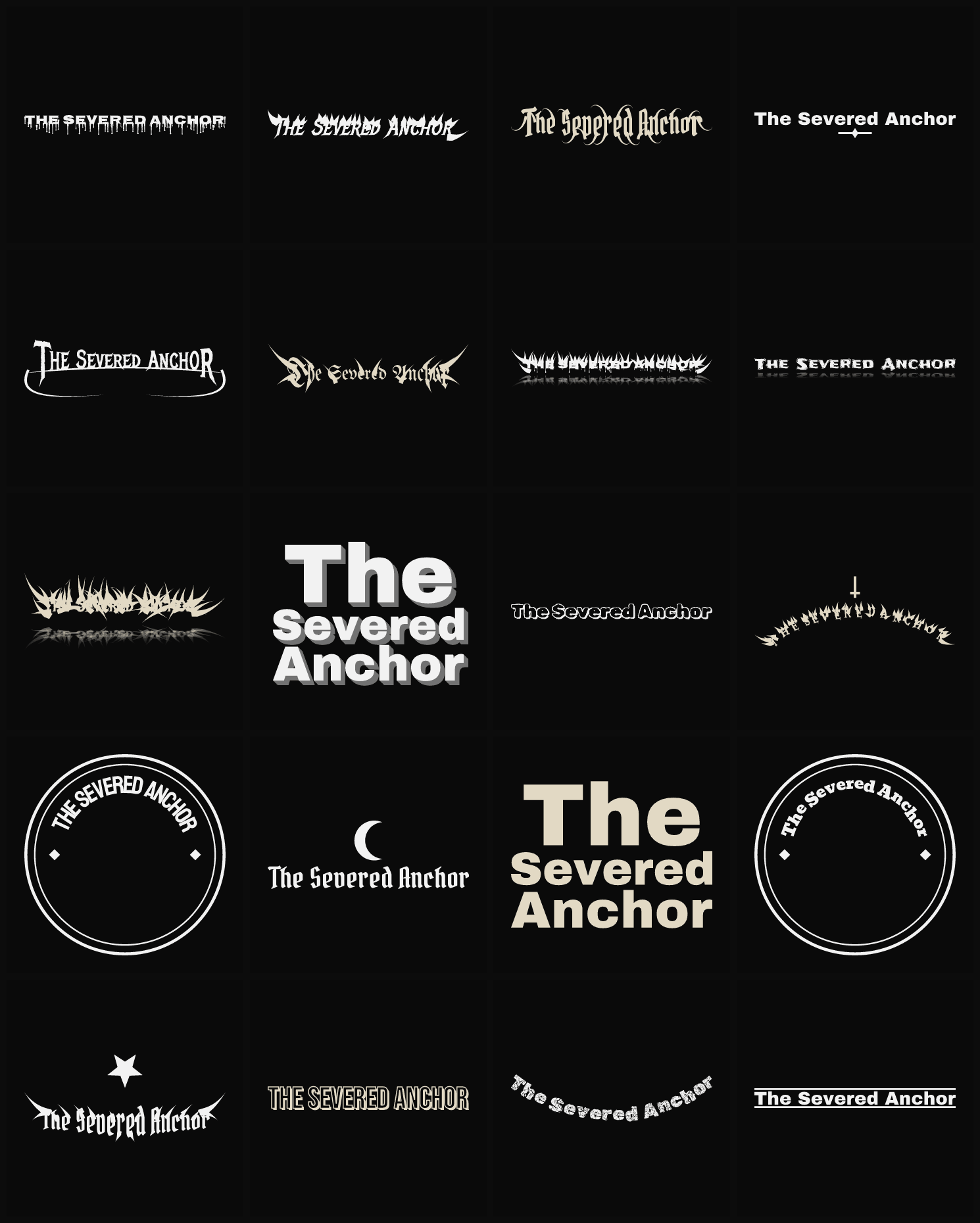 Twenty The Severed Anchor band logo ideas — different faces, treatments and spike settings