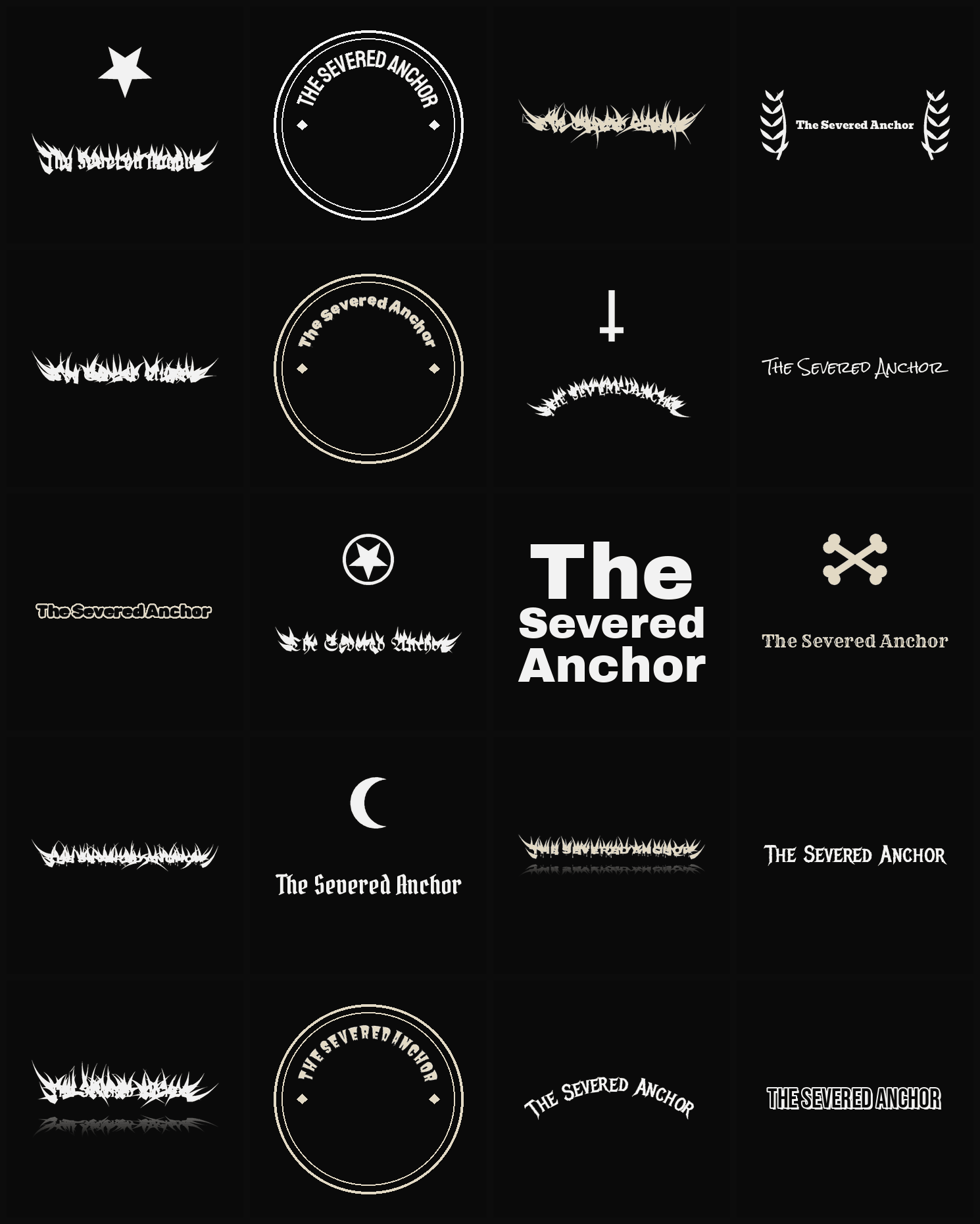 Twenty The Severed Anchor band logo ideas — different faces, treatments and spike settings