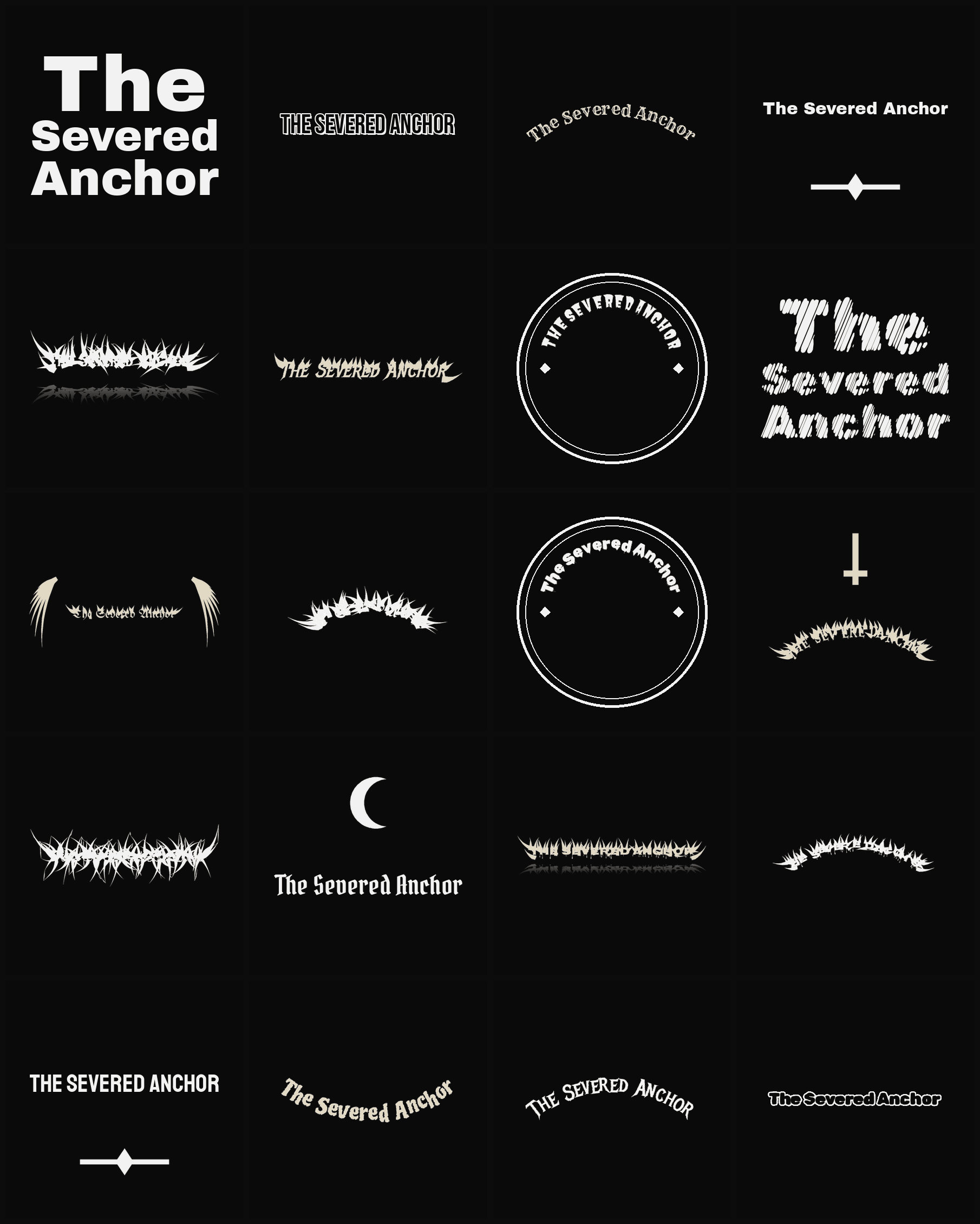 Twenty The Severed Anchor band logo ideas — different faces, treatments and spike settings