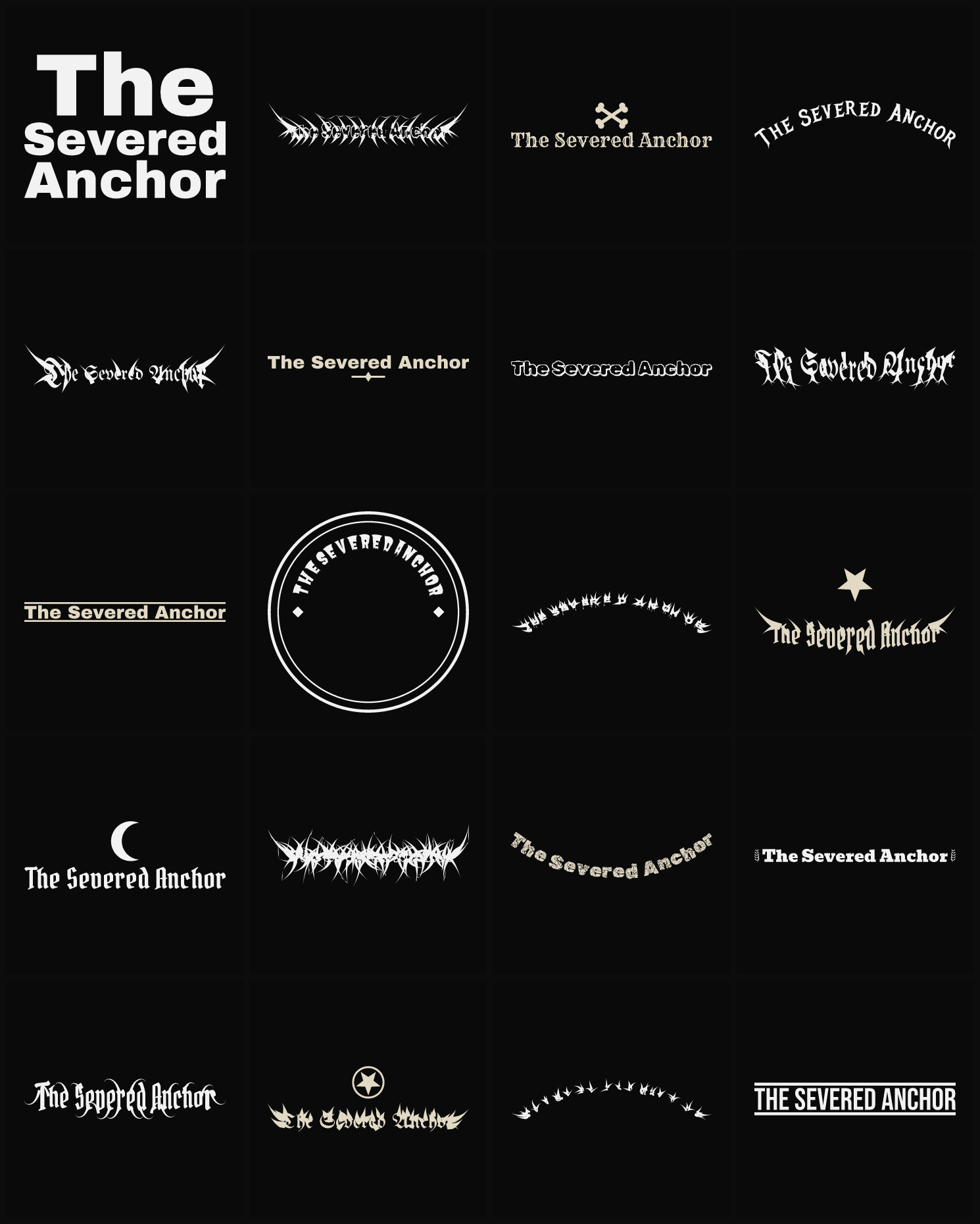 Twenty The Severed Anchor band logo ideas — different faces, treatments and spike settings