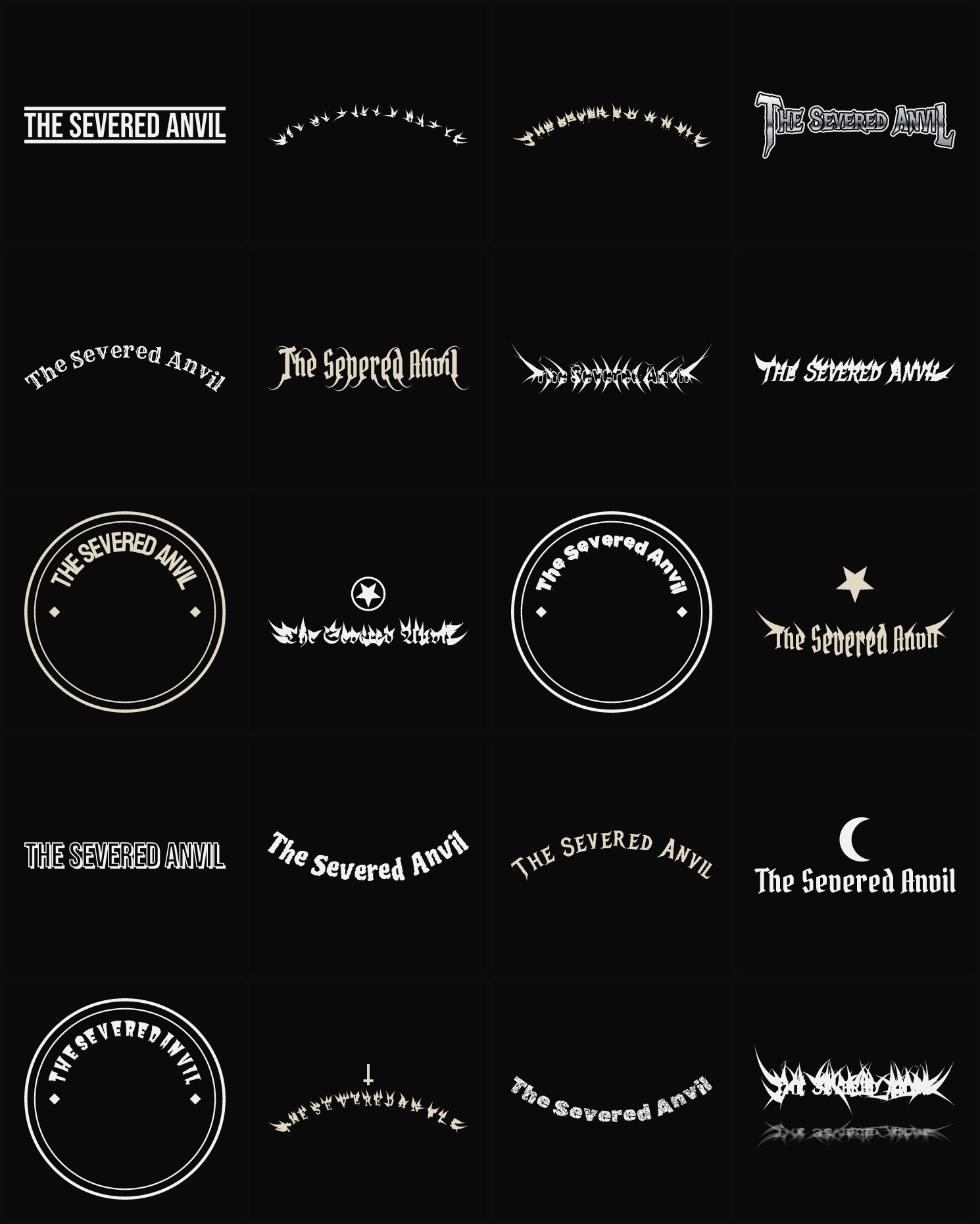 Twenty The Severed Anvil band logo ideas — different faces, treatments and spike settings