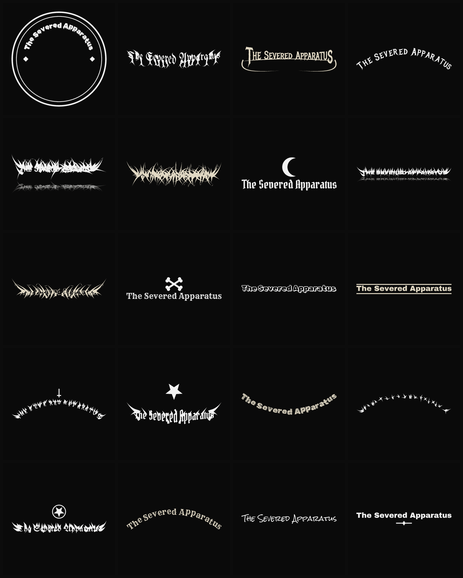 Twenty The Severed Apparatus band logo ideas — different faces, treatments and spike settings