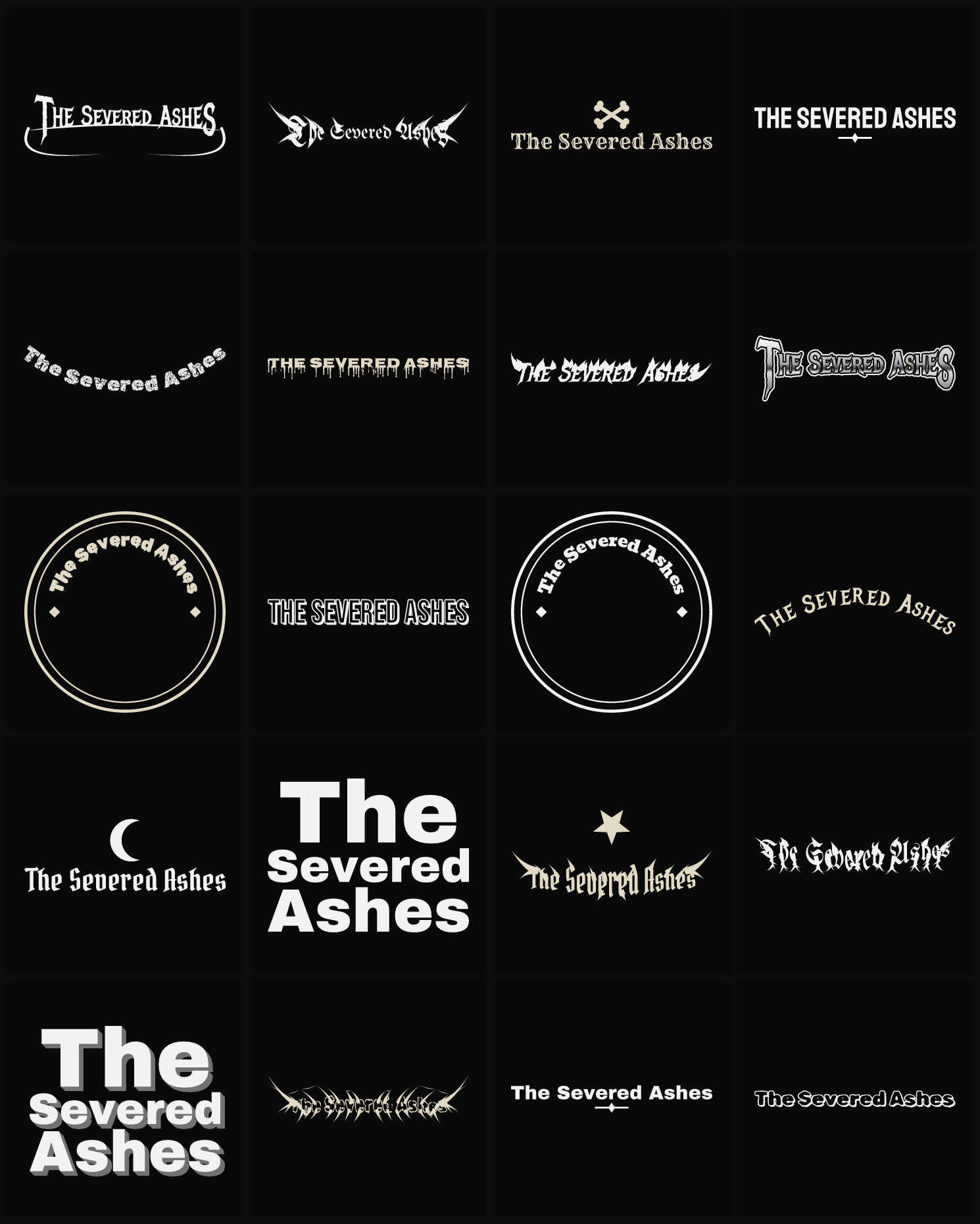 Twenty The Severed Ashes band logo ideas — different faces, treatments and spike settings
