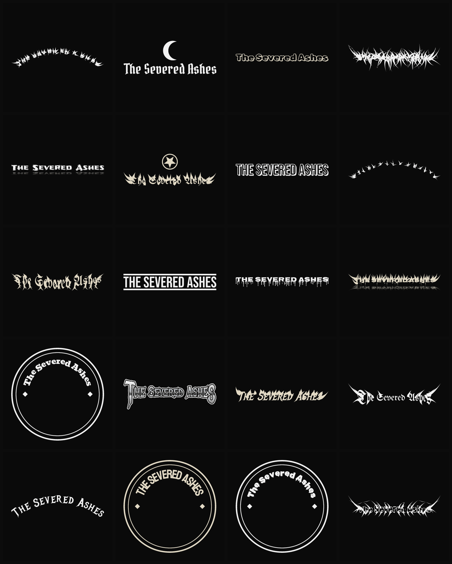 Twenty The Severed Ashes band logo ideas — different faces, treatments and spike settings