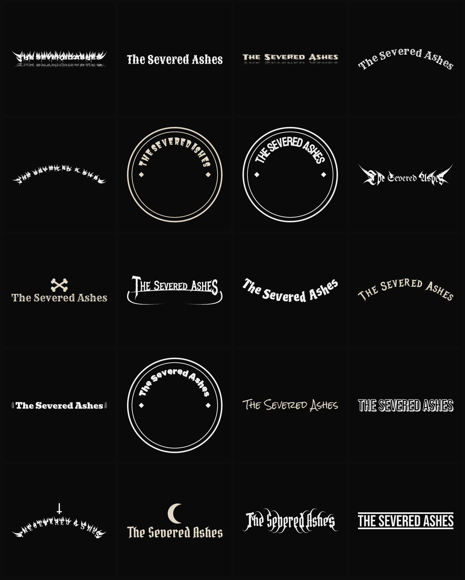 Twenty The Severed Ashes band logo ideas — different faces, treatments and spike settings