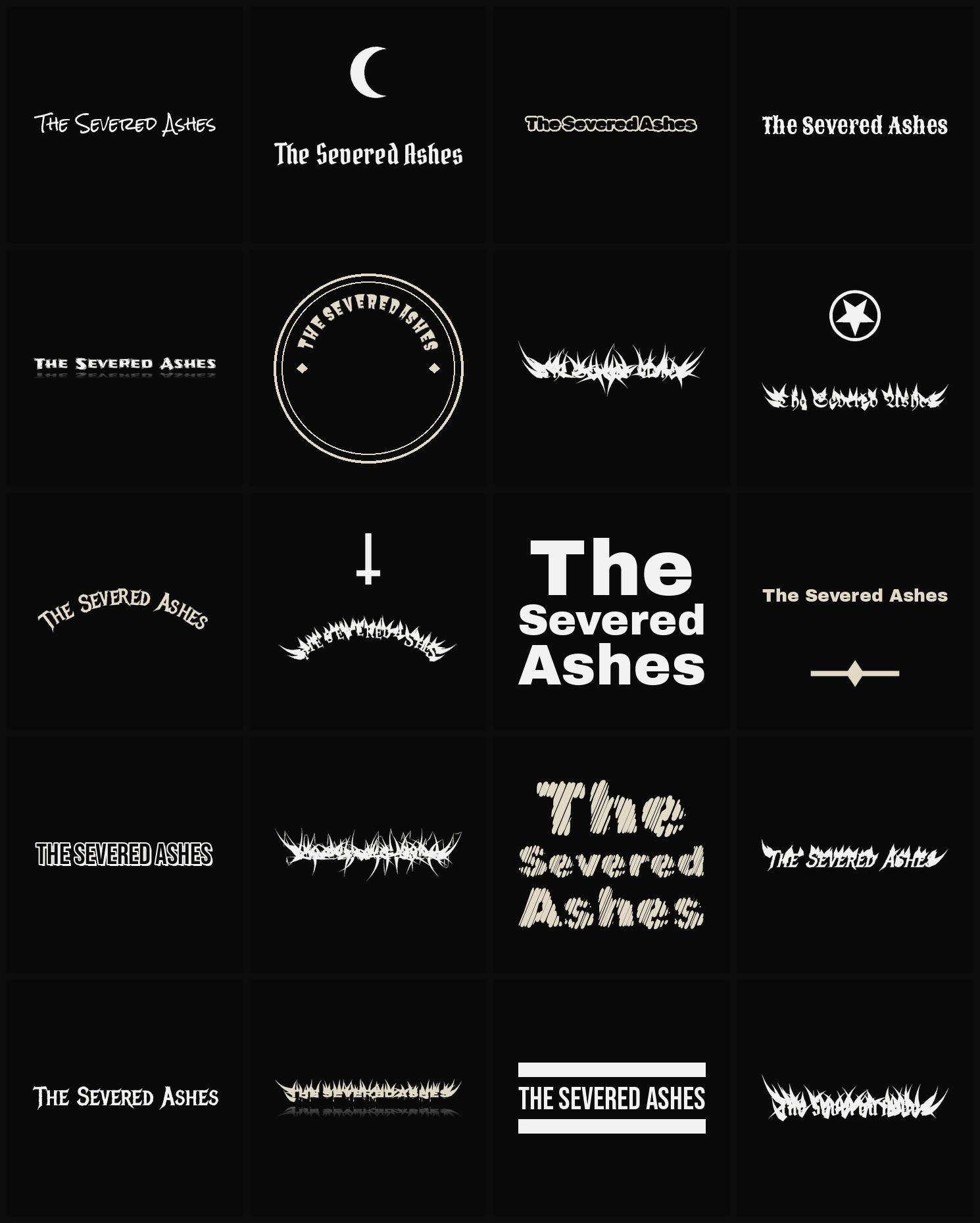 Twenty The Severed Ashes band logo ideas — different faces, treatments and spike settings