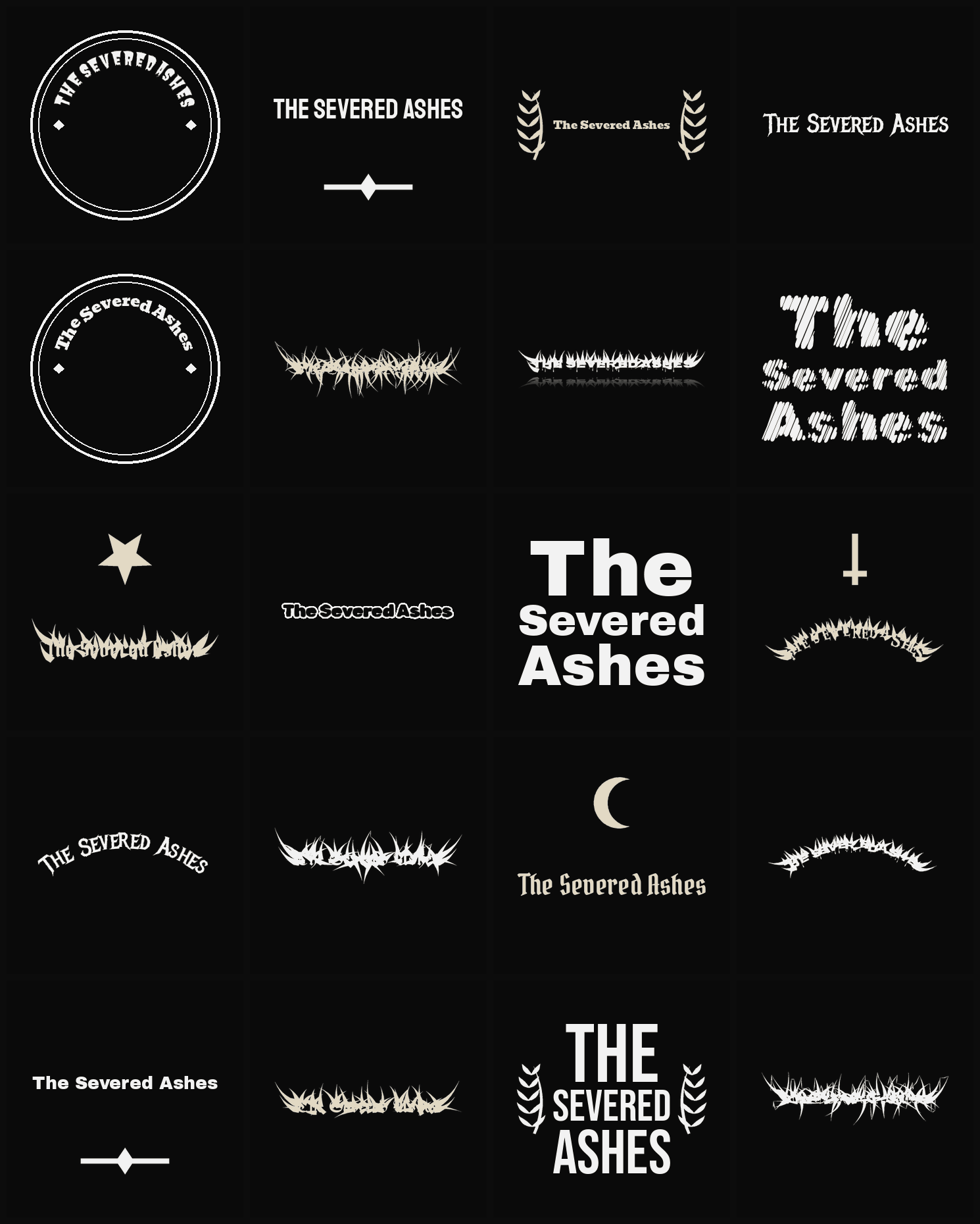 Twenty The Severed Ashes band logo ideas — different faces, treatments and spike settings