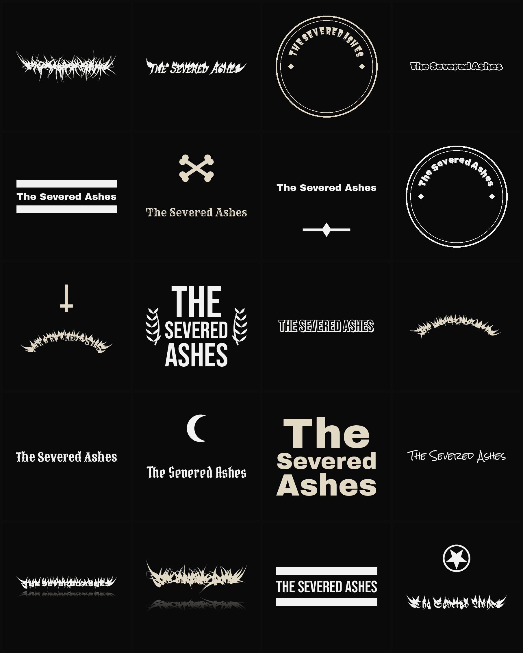 Twenty The Severed Ashes band logo ideas — different faces, treatments and spike settings
