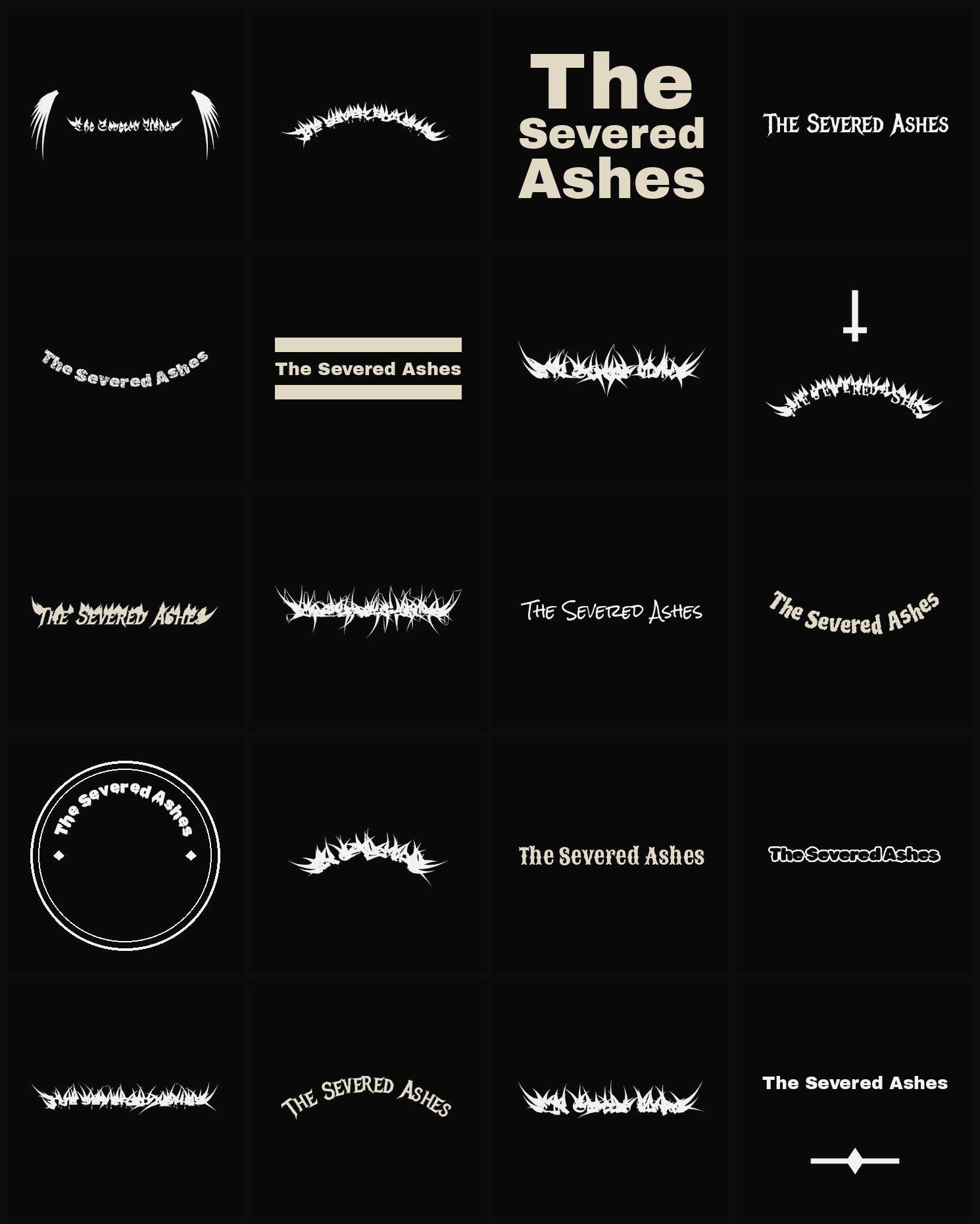 Twenty The Severed Ashes band logo ideas — different faces, treatments and spike settings