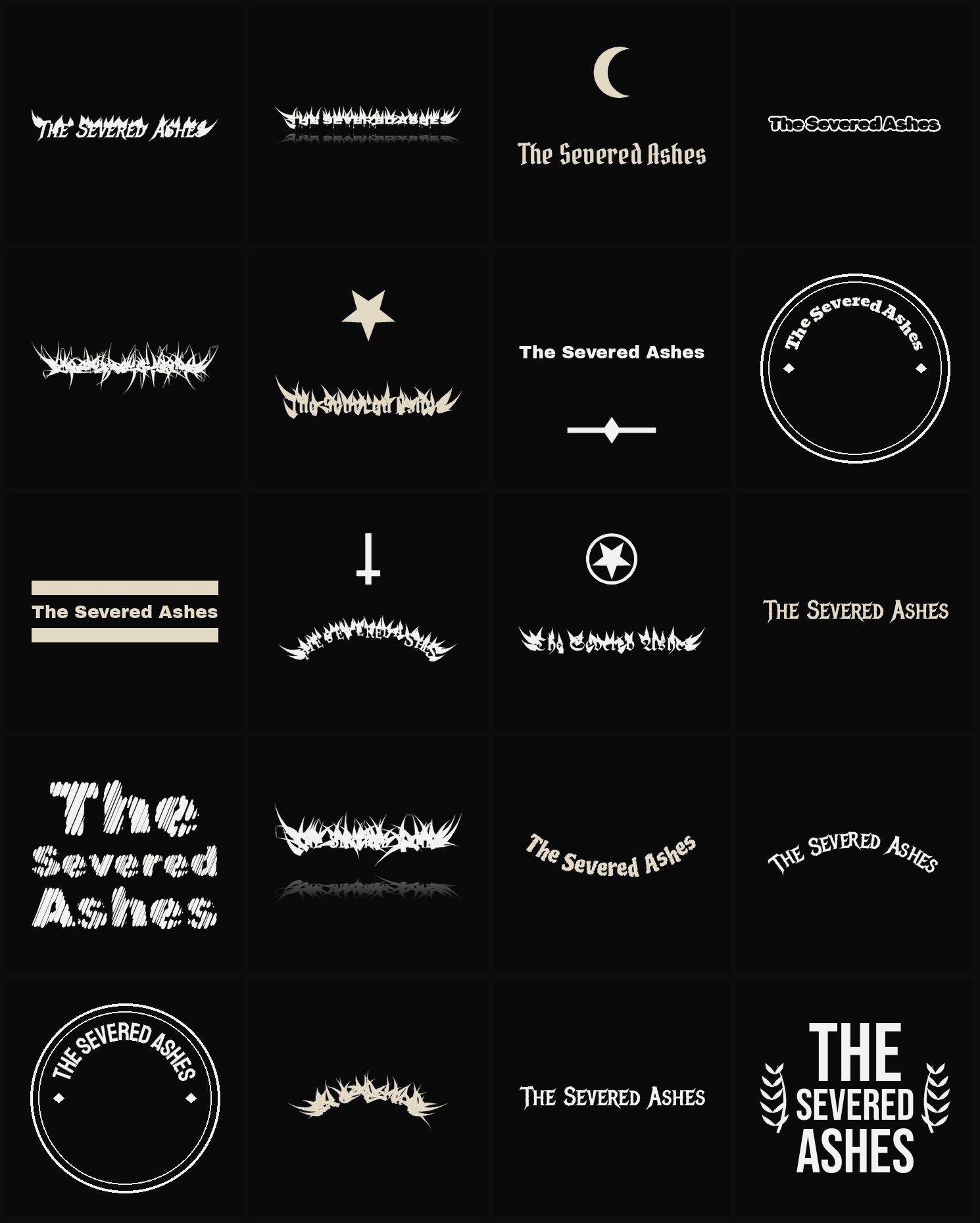 Twenty The Severed Ashes band logo ideas — different faces, treatments and spike settings