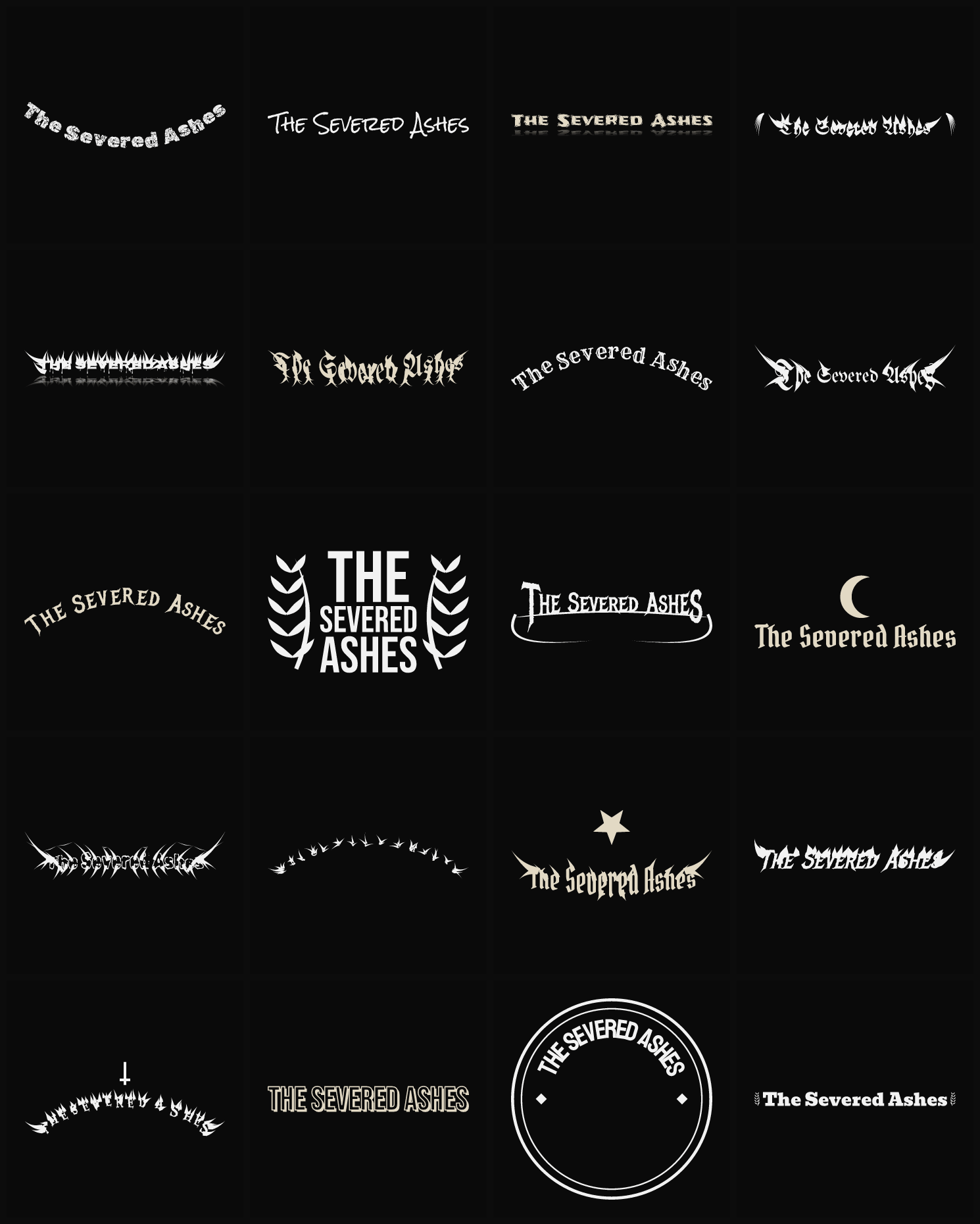 Twenty The Severed Ashes band logo ideas — different faces, treatments and spike settings