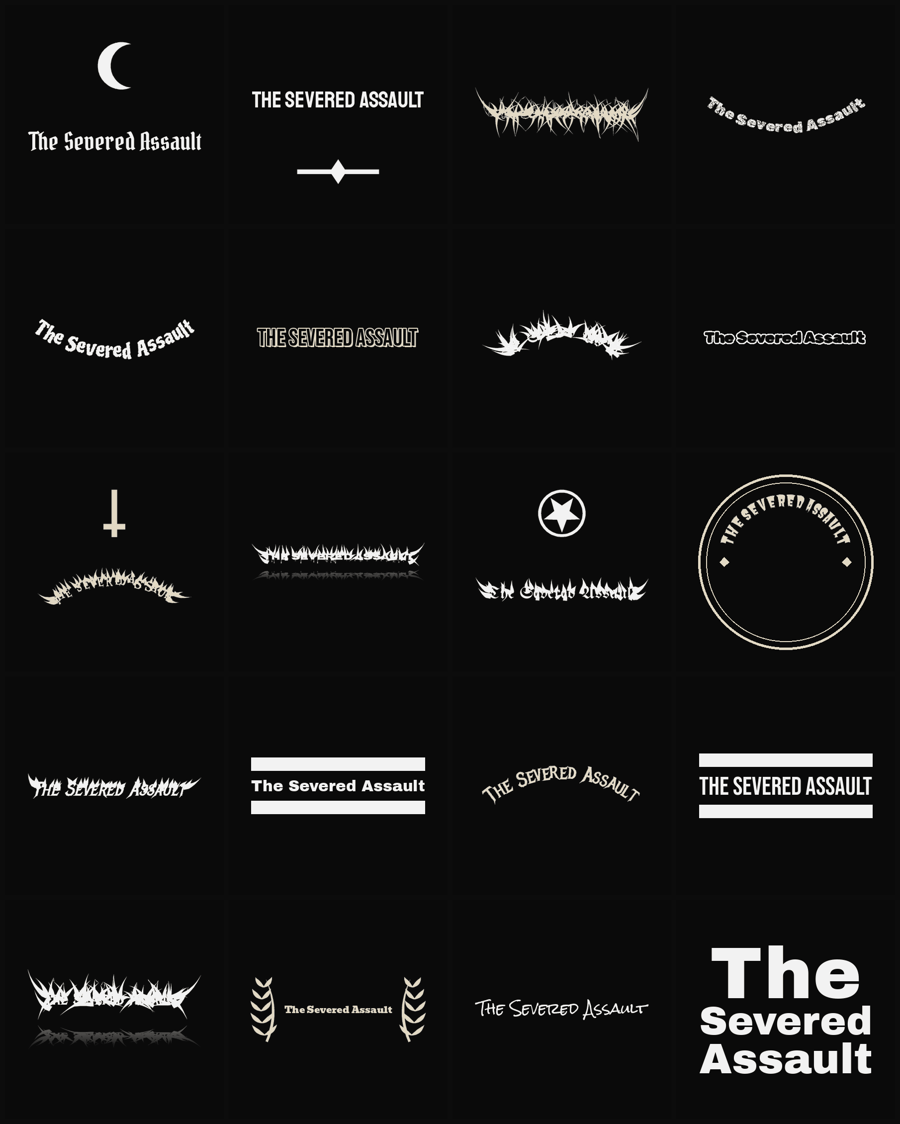 Twenty The Severed Assault band logo ideas — different faces, treatments and spike settings