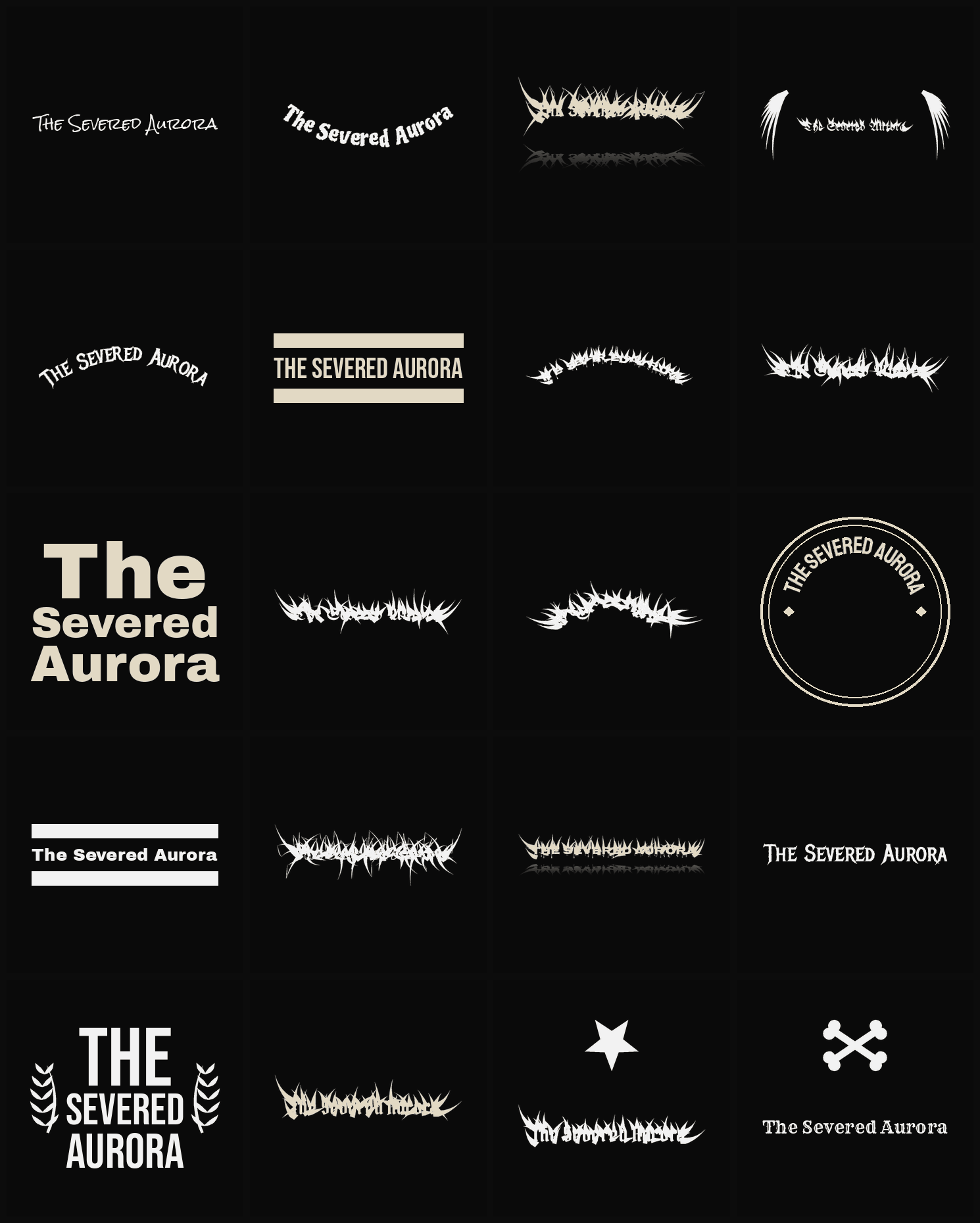 Twenty The Severed Aurora band logo ideas — different faces, treatments and spike settings