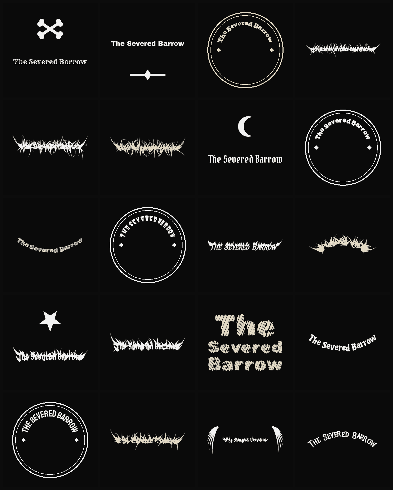 Twenty The Severed Barrow band logo ideas — different faces, treatments and spike settings