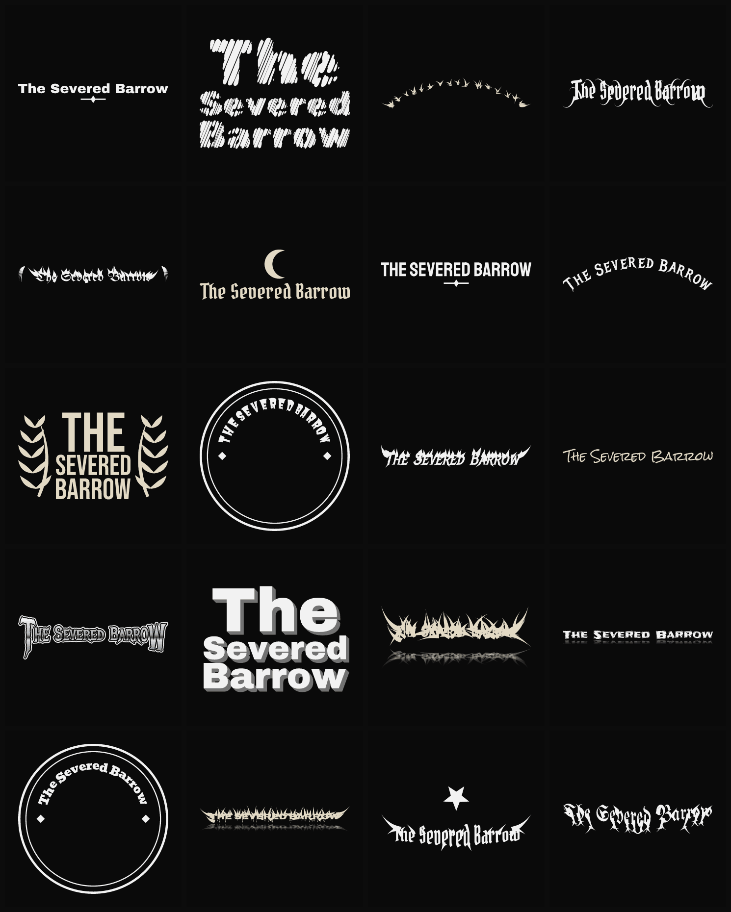 Twenty The Severed Barrow band logo ideas — different faces, treatments and spike settings