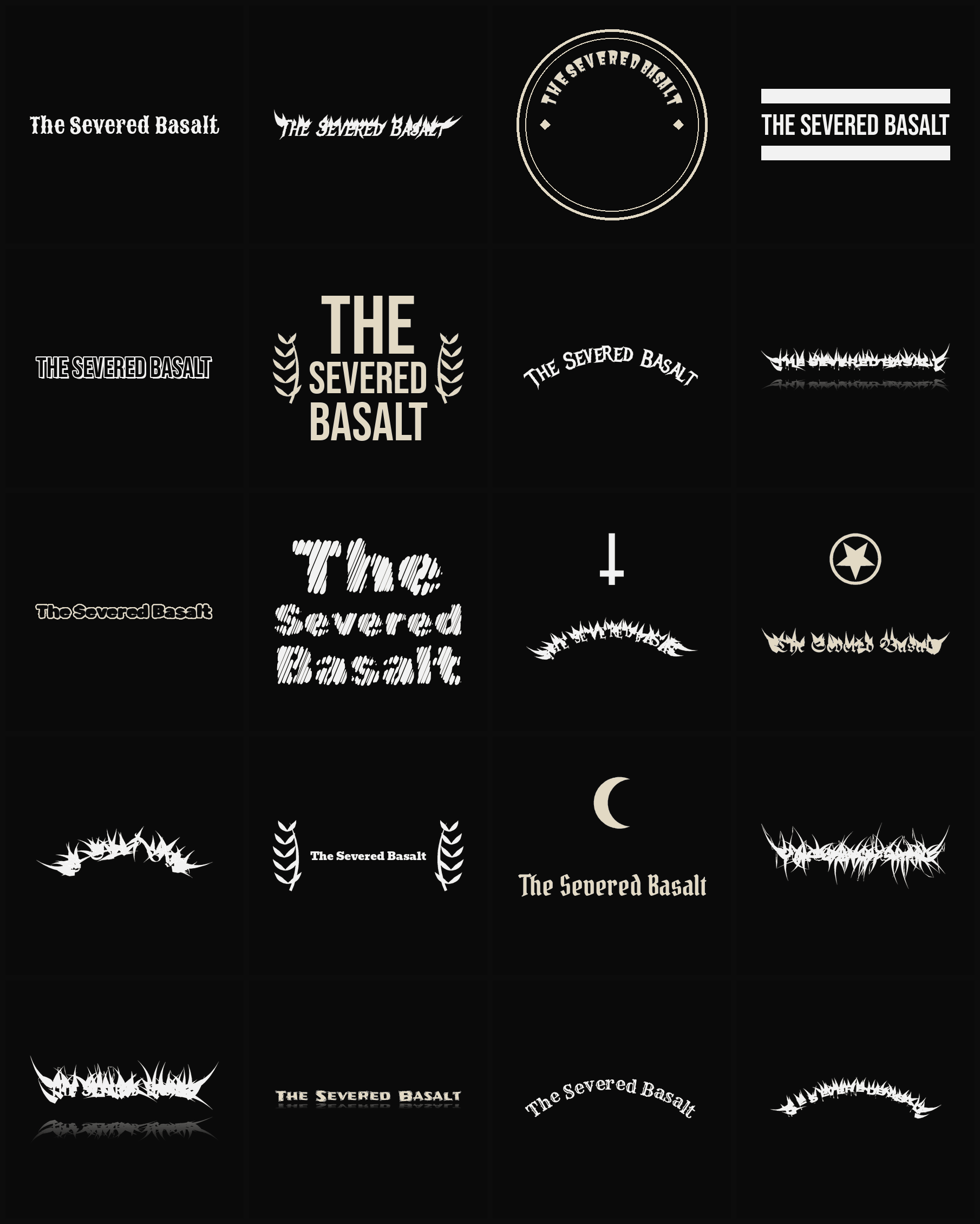 Twenty The Severed Basalt band logo ideas — different faces, treatments and spike settings