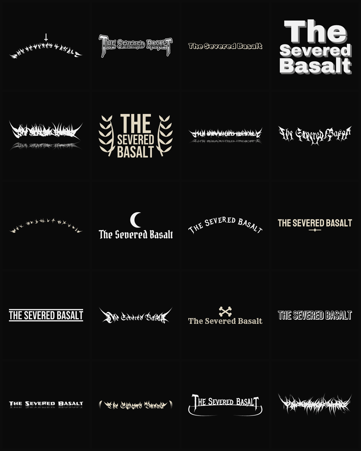 Twenty The Severed Basalt band logo ideas — different faces, treatments and spike settings