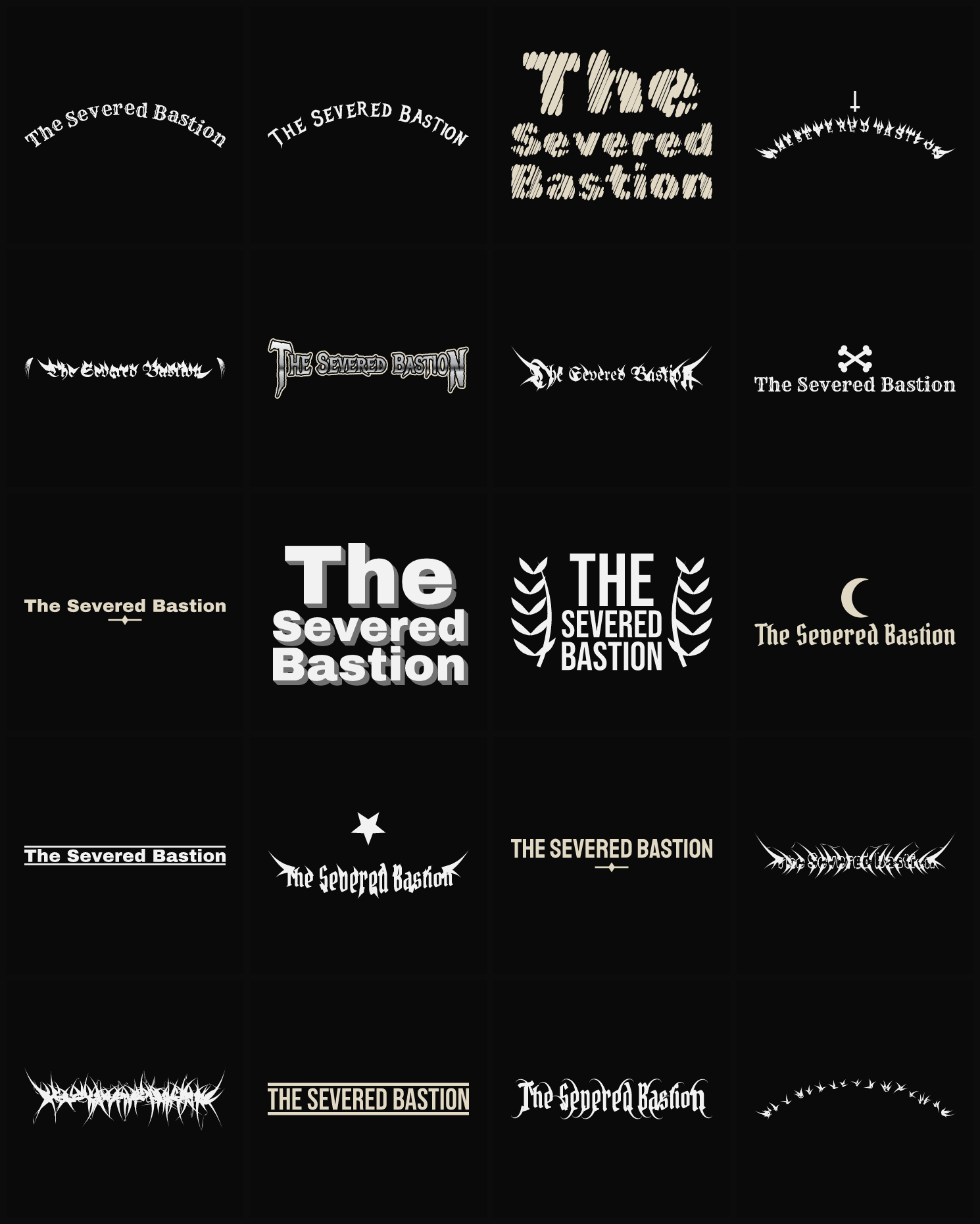 Twenty The Severed Bastion band logo ideas — different faces, treatments and spike settings