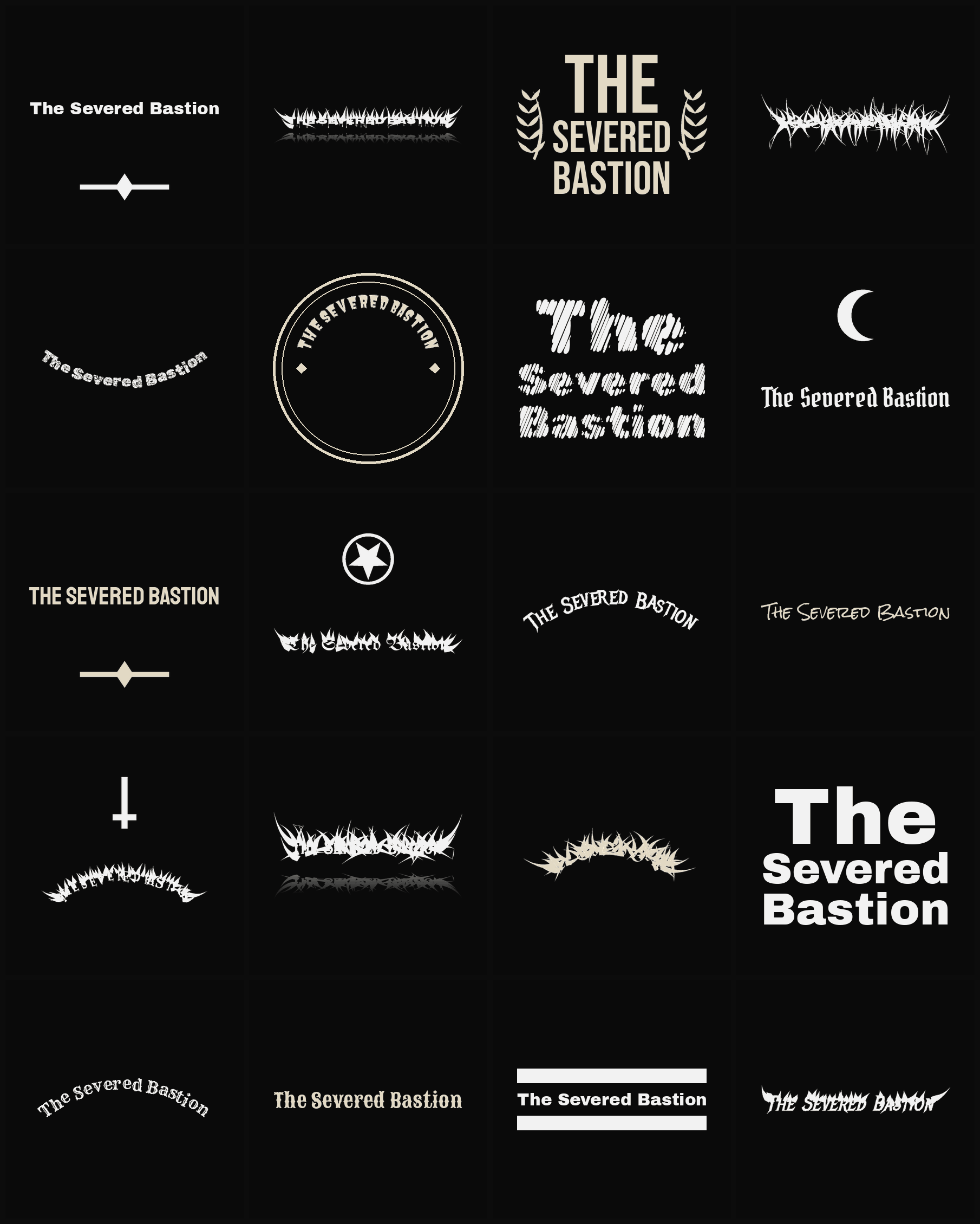 Twenty The Severed Bastion band logo ideas — different faces, treatments and spike settings
