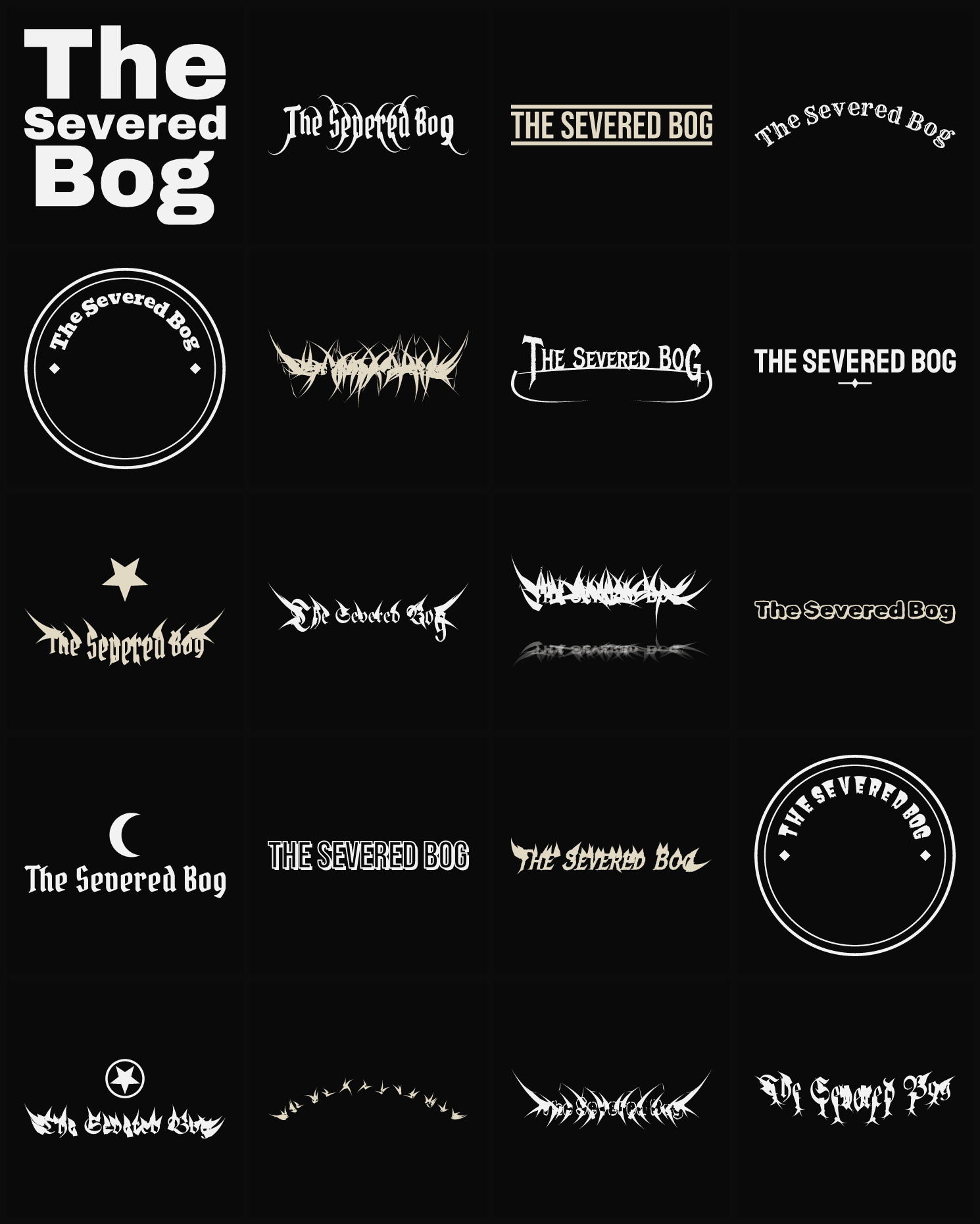 Twenty The Severed Bog band logo ideas — different faces, treatments and spike settings