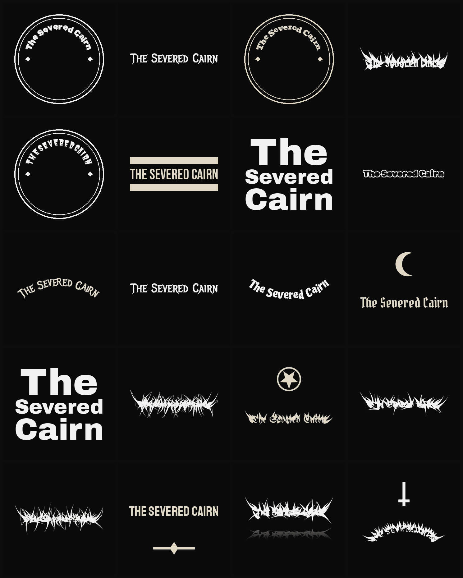 Twenty The Severed Cairn band logo ideas — different faces, treatments and spike settings