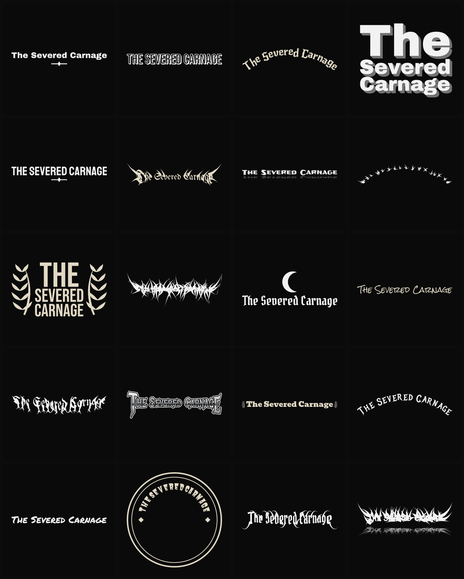 Twenty The Severed Carnage band logo ideas — different faces, treatments and spike settings