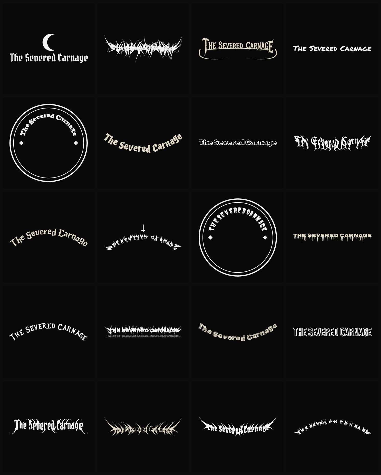 Twenty The Severed Carnage band logo ideas — different faces, treatments and spike settings