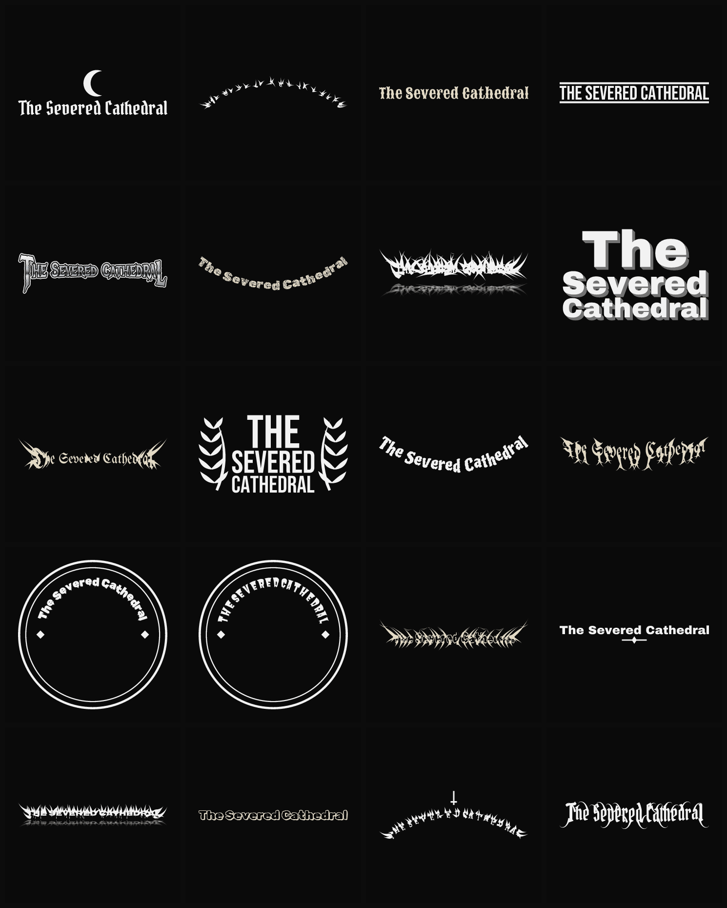 Twenty The Severed Cathedral band logo ideas — different faces, treatments and spike settings